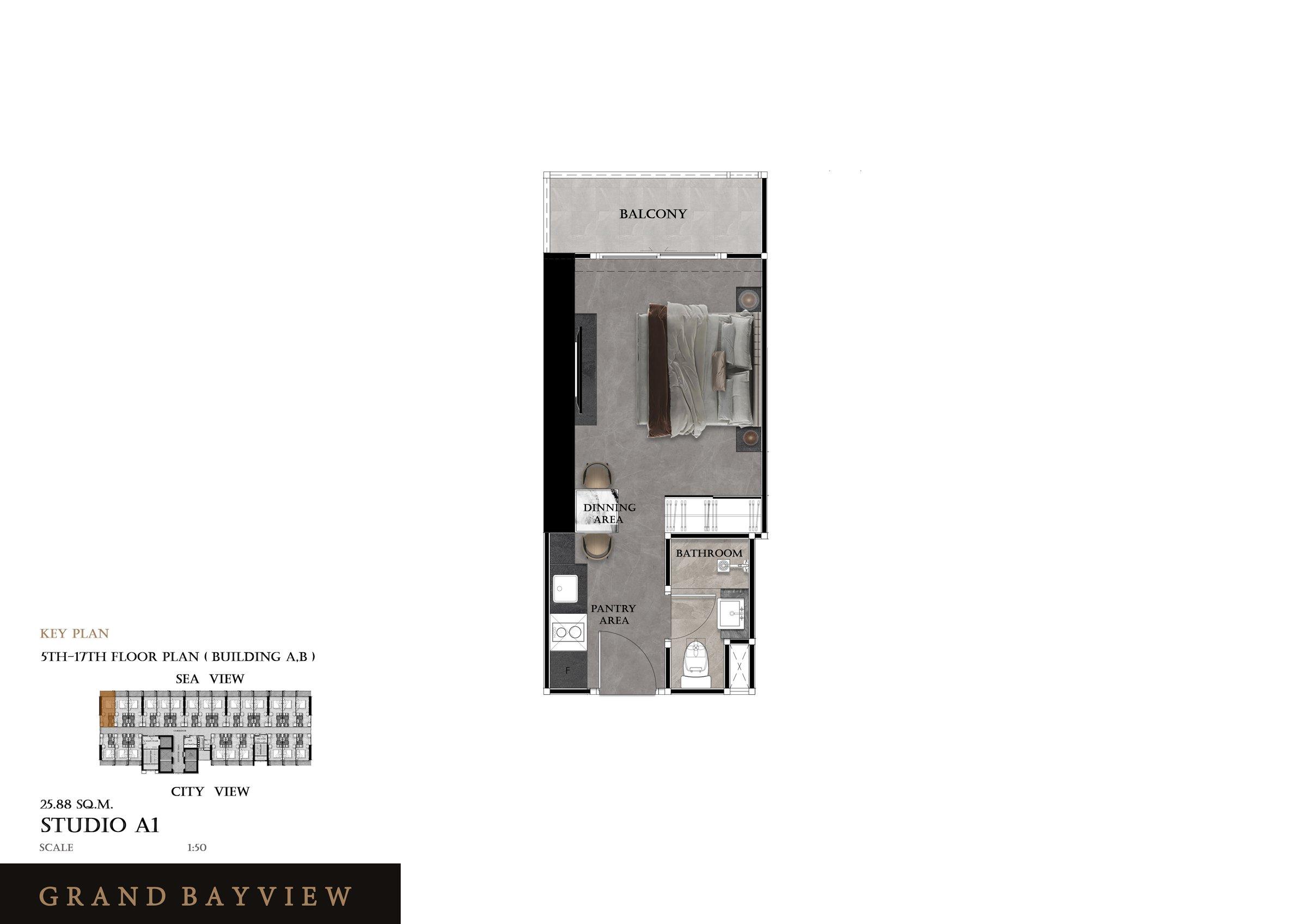 Grand View Bay Studio 23 m² — Havudsigt — Central Pattaya, Pattaya