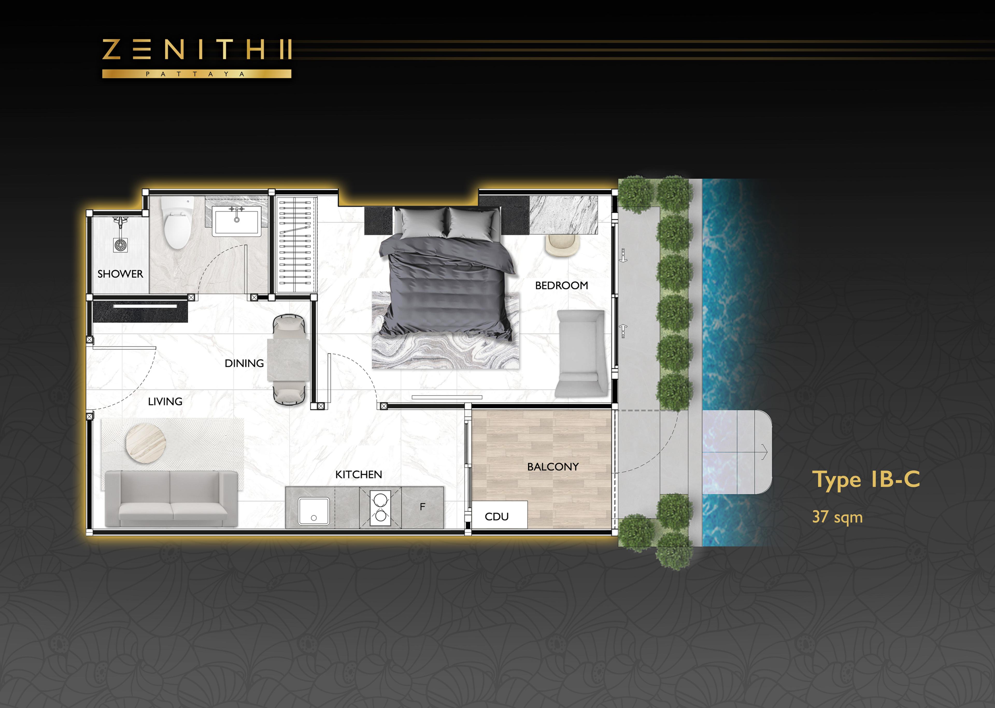 Zenith II Pattaya — 1-Zimmer-Wohnung, 37 m² — Jomtien, Pattaya