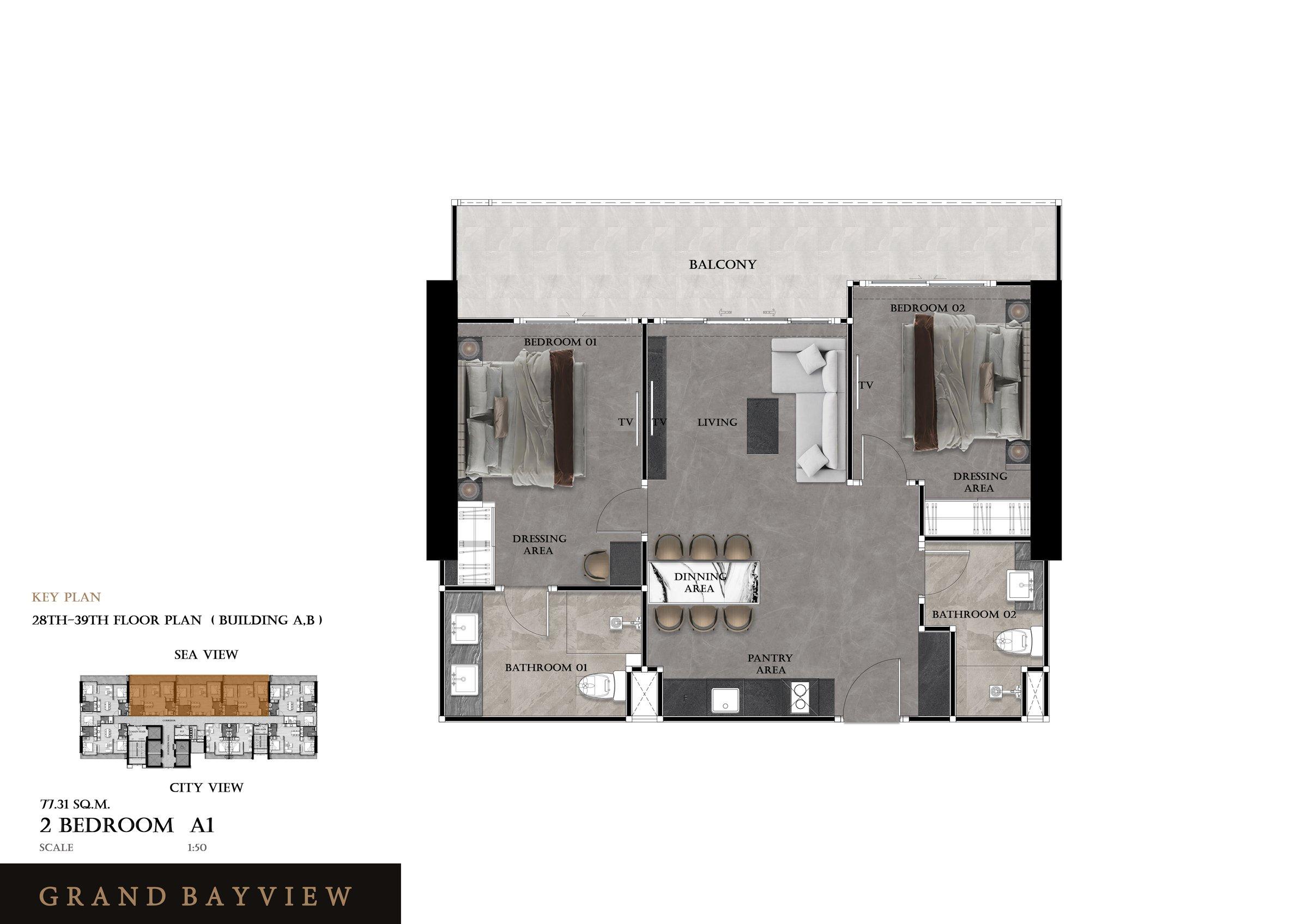 Grand View Bay 2-værelses 68 m² — Byudsigt — Central Pattaya, Pattaya
