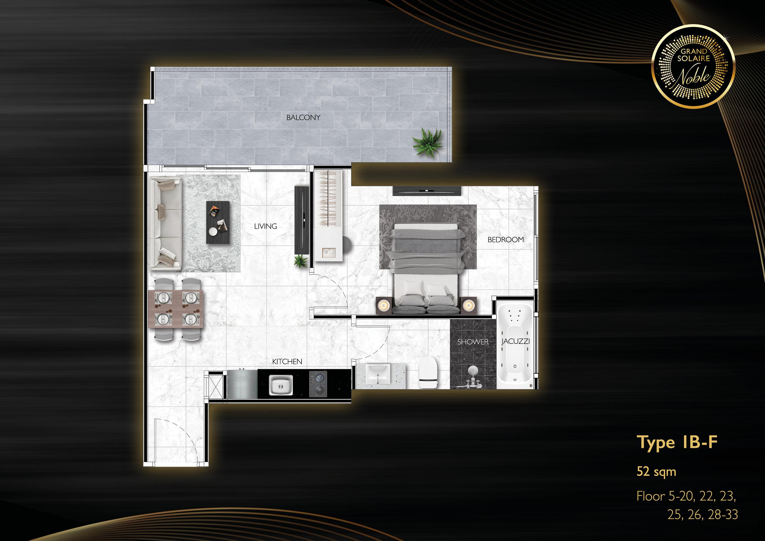 Grand Solaire Noble Pattaya — وحدة غرفة نوم واحدة 1B-F (52 متر مربع) — 3rd Road, باتايا