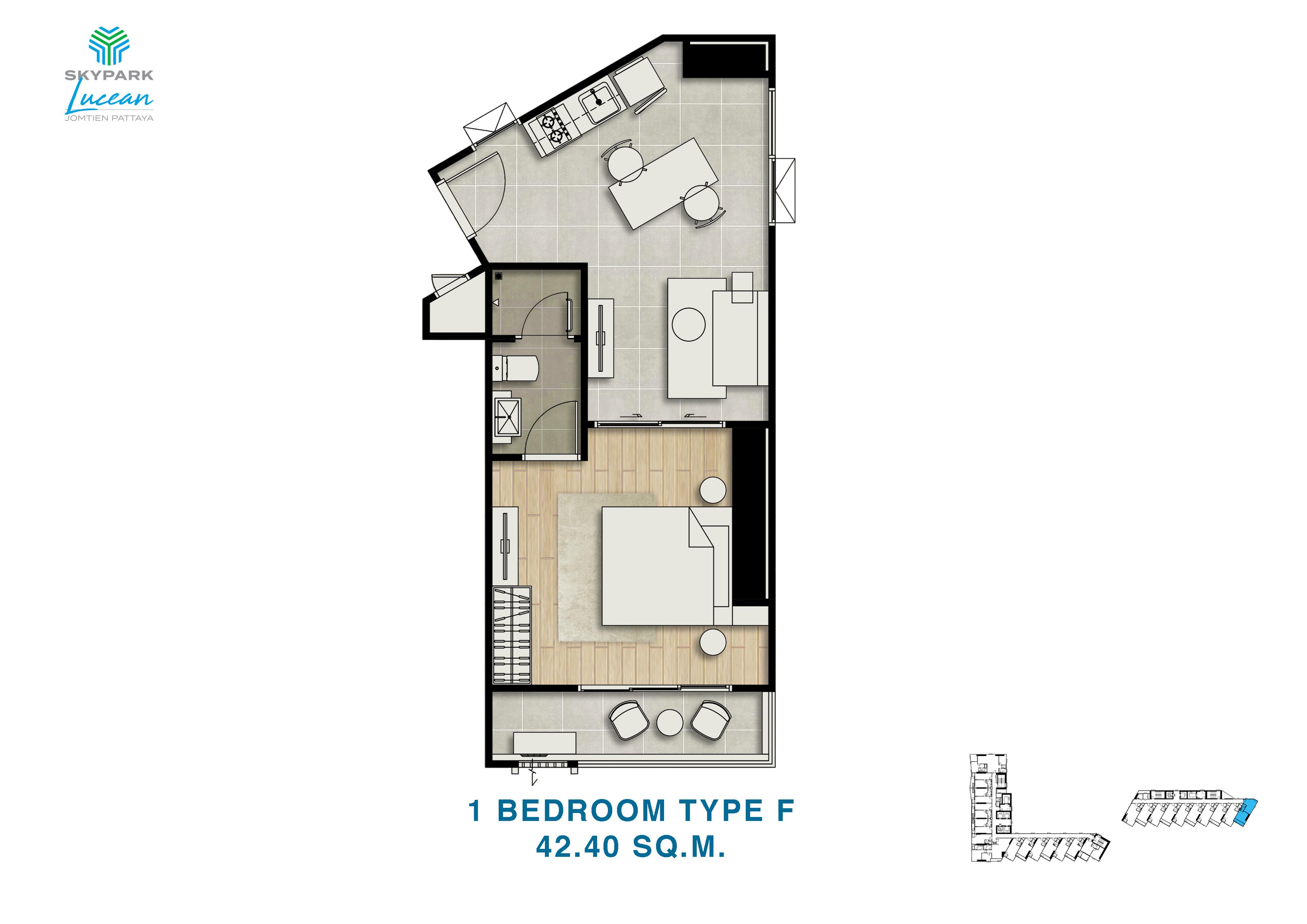 Skypark Lucean — Tower B, 1-værelses, Sidehavudsigt — Jomtien, Pattaya — 2