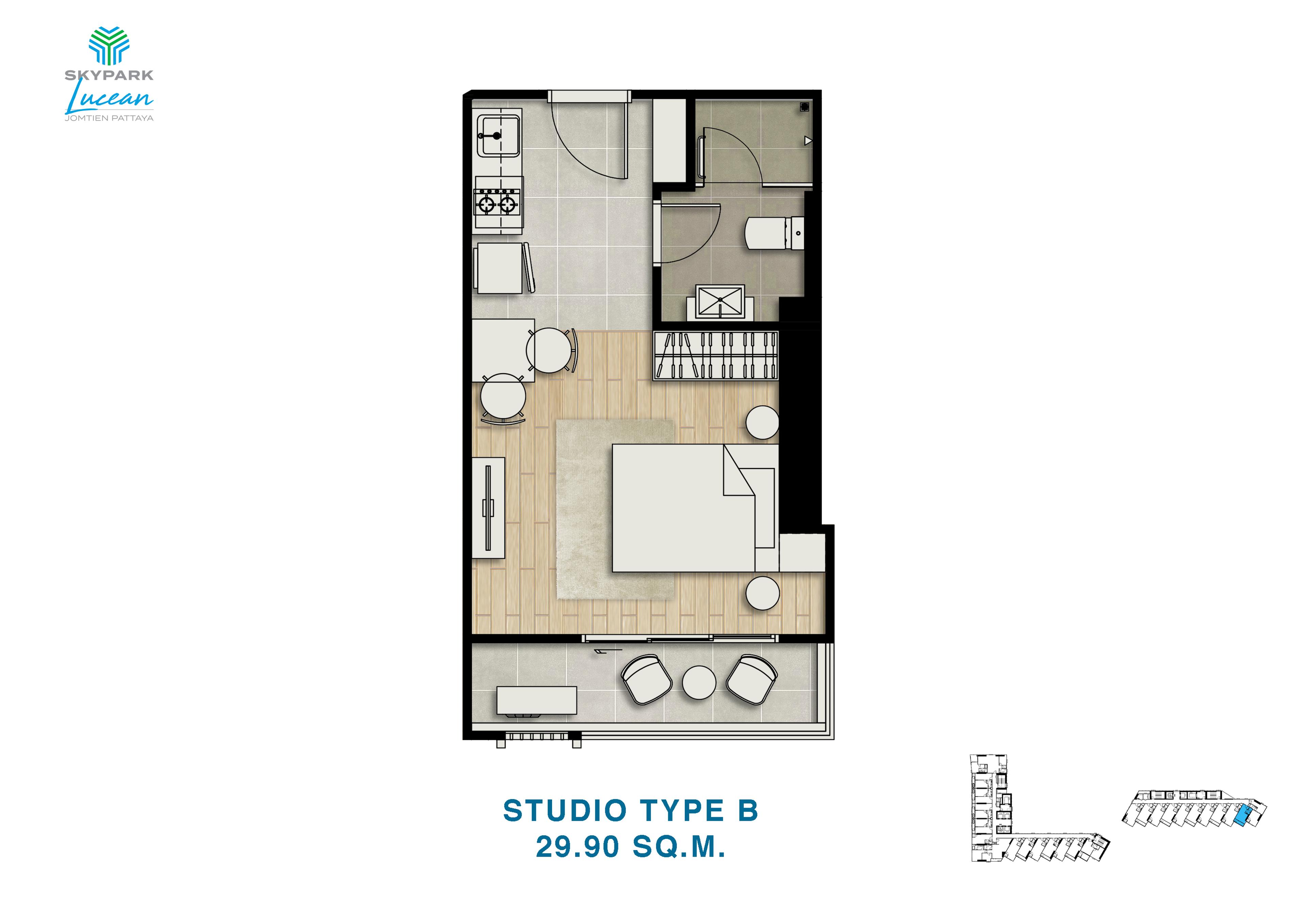 Skypark Lucean — Tower B, Studio, Sidevendt havudsigt — Jomtien, Pattaya — 2
