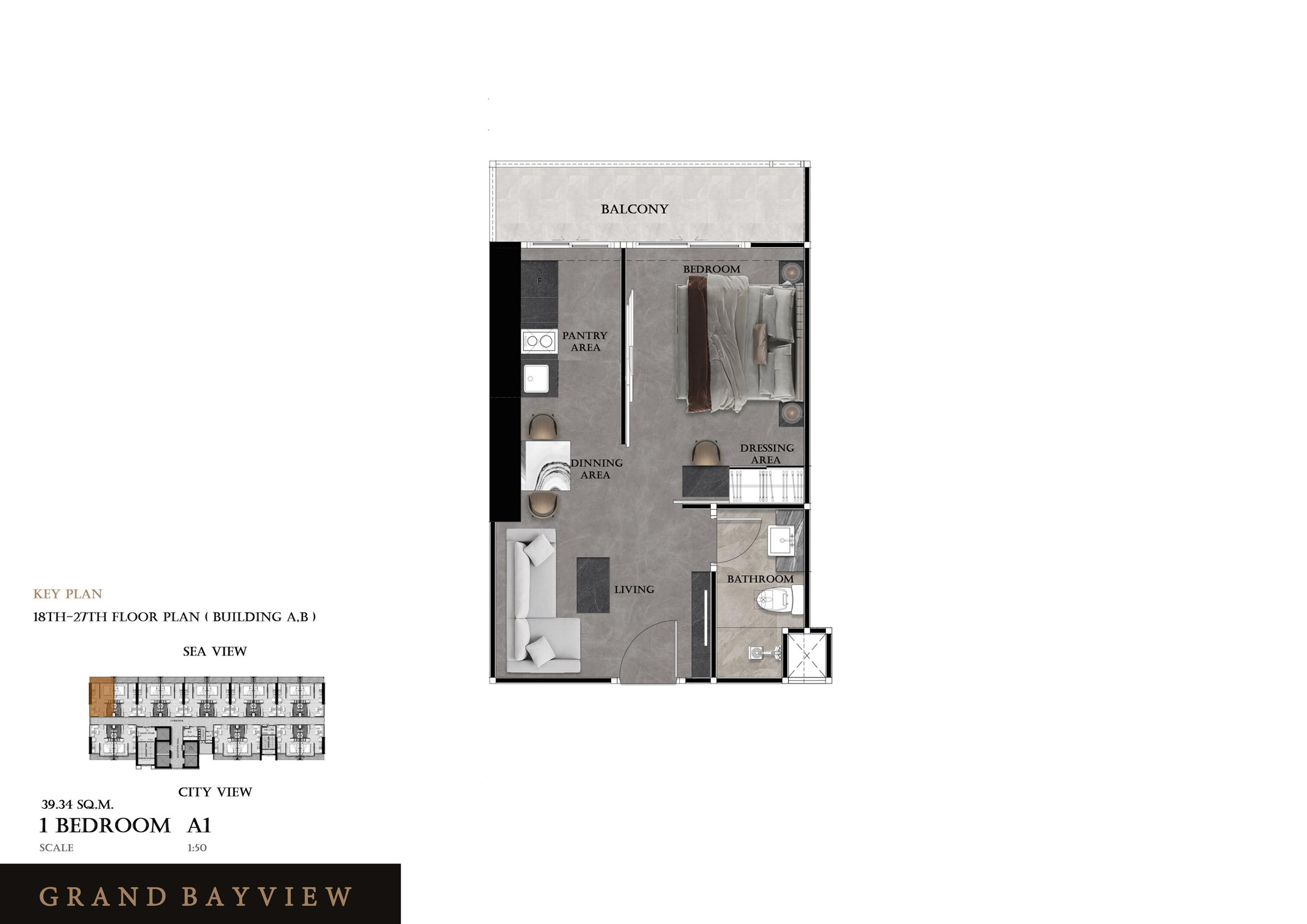 Grand View Bay 1-Værelses 35 m² — Havudsigt — Central Pattaya, Pattaya