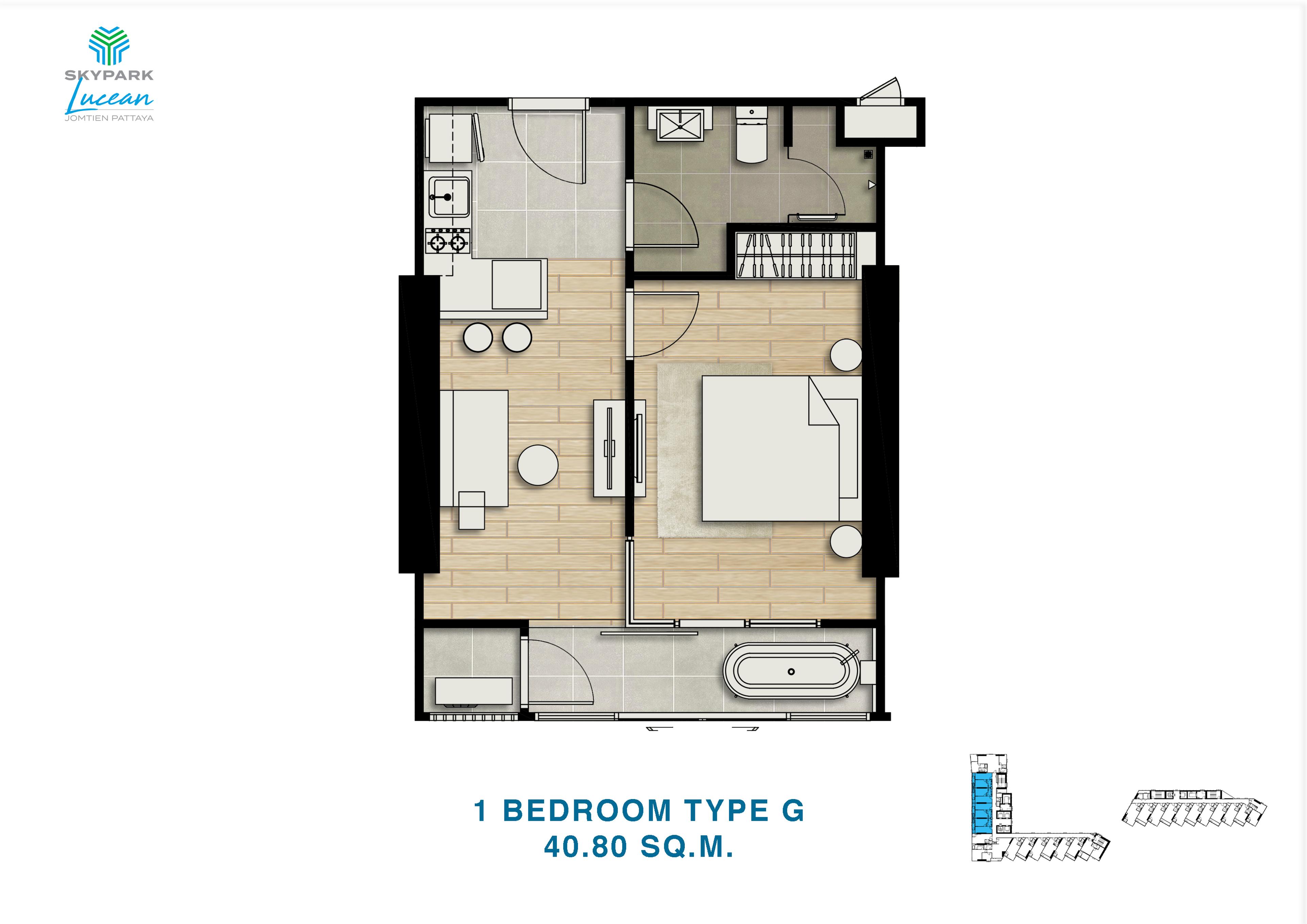 Skypark Lucean — Tower B, 1-værelses, Sidehavudsigt — Jomtien, Pattaya — 3