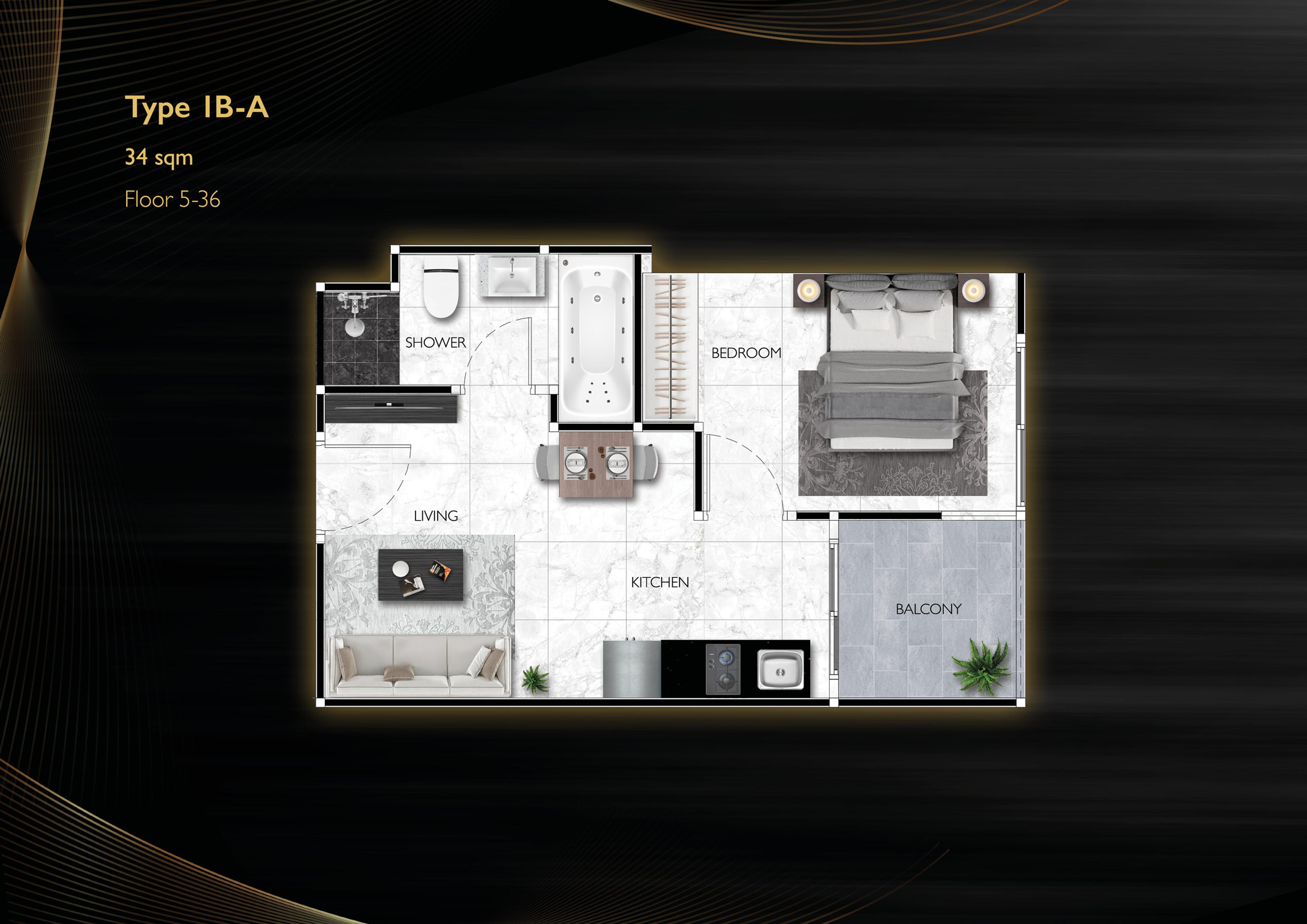 Grand Solaire Noble Pattaya — شقة بغرفة نوم واحدة 1B-A (34 م²) — 3rd Road, باتايا