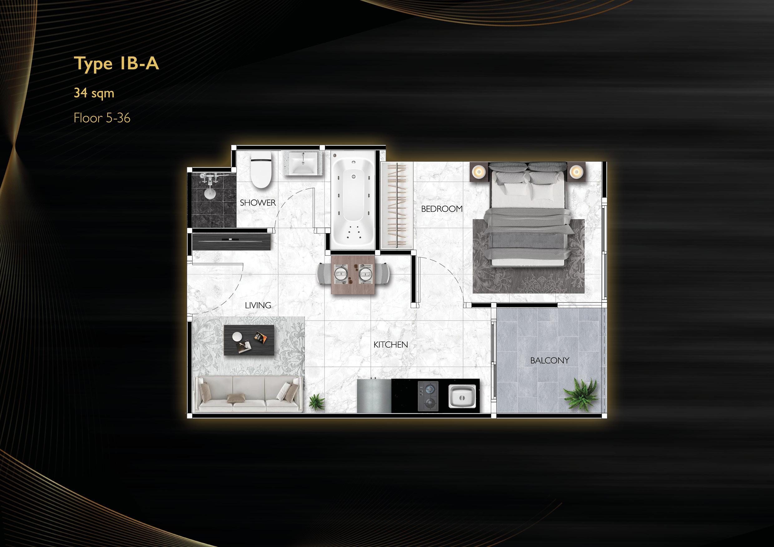 Grand Solaire Noble Pattaya — شقة بغرفة نوم واحدة 1B-A (34 م²) — 3rd Road, باتايا