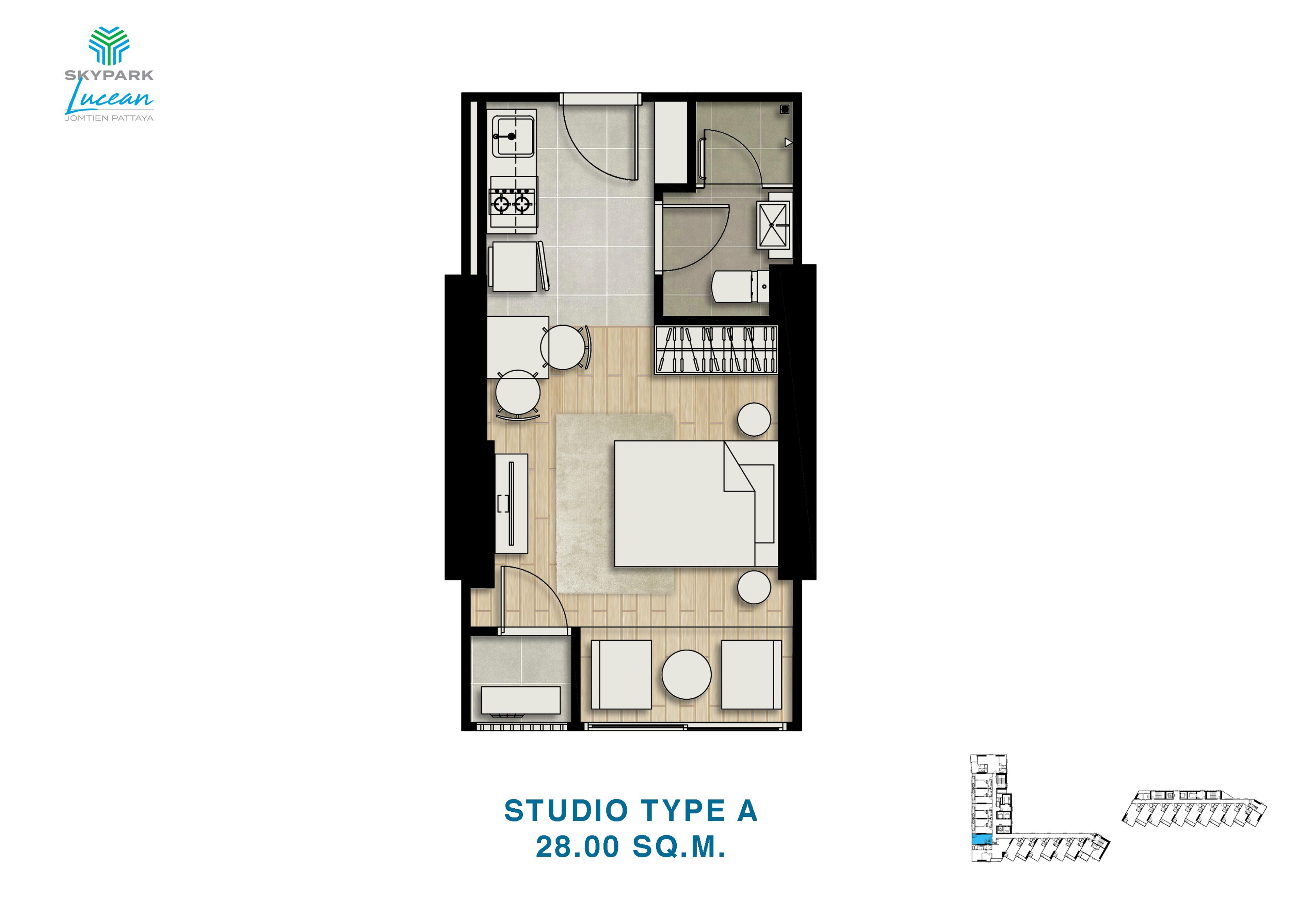 Skypark Lucean — Tower B, Studio, Sidevendt havudsigt — Jomtien, Pattaya — 1