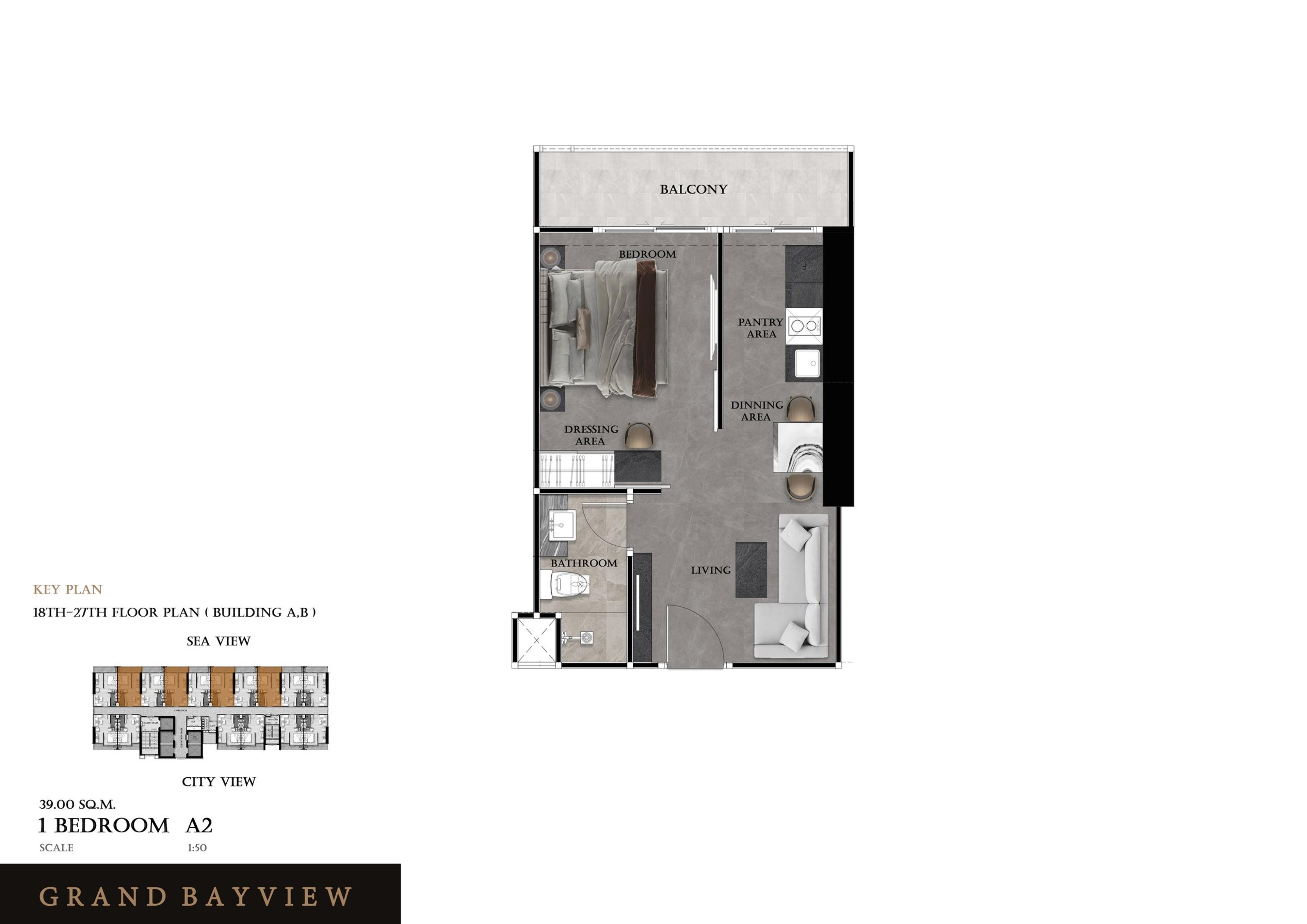 Grand View Bay 1-værelses 40 m² — Udsigt over byen — Central Pattaya, Pattaya