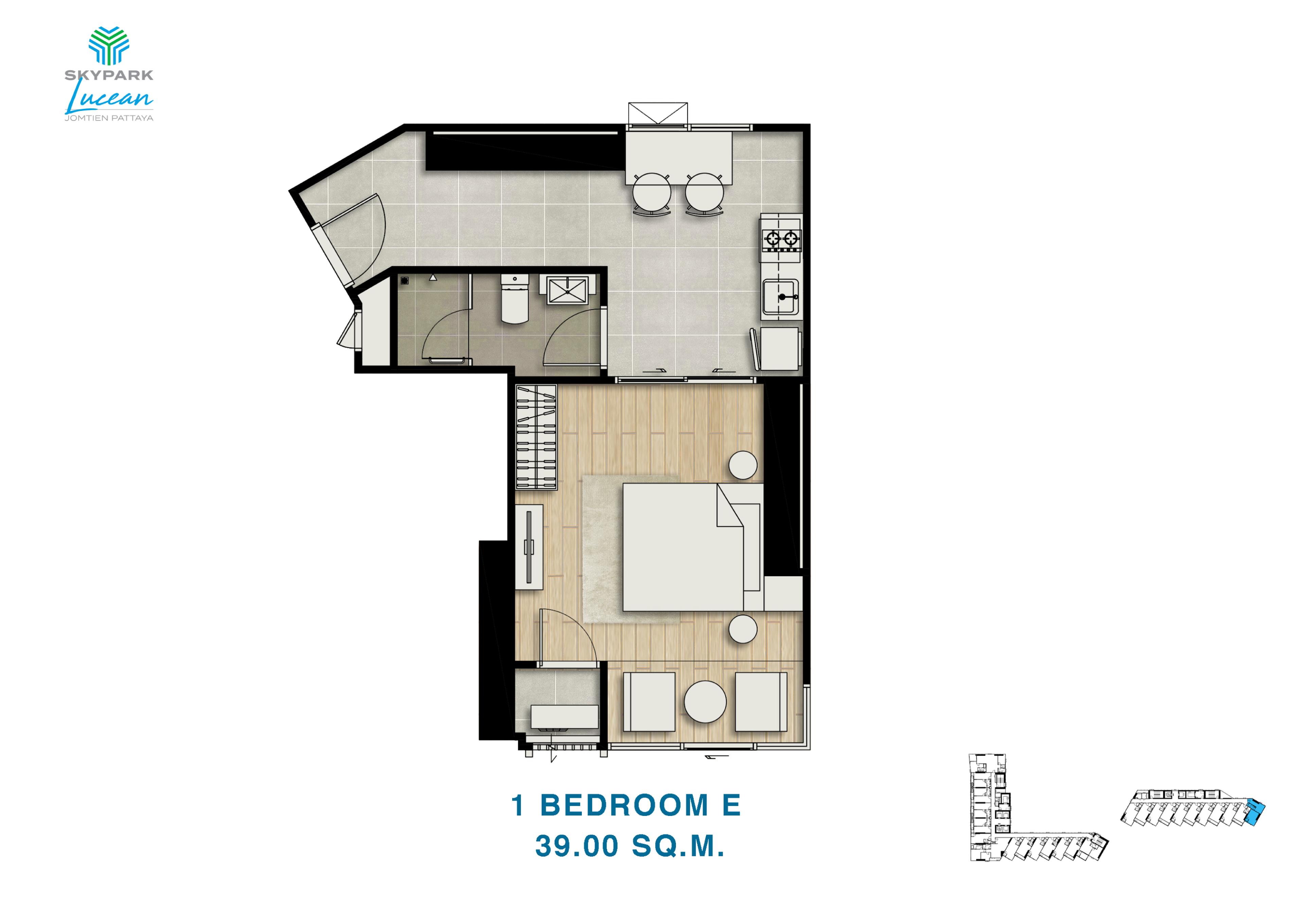 Skypark Lucean — Tower B, 1-værelses, Sidehavudsigt — Jomtien, Pattaya