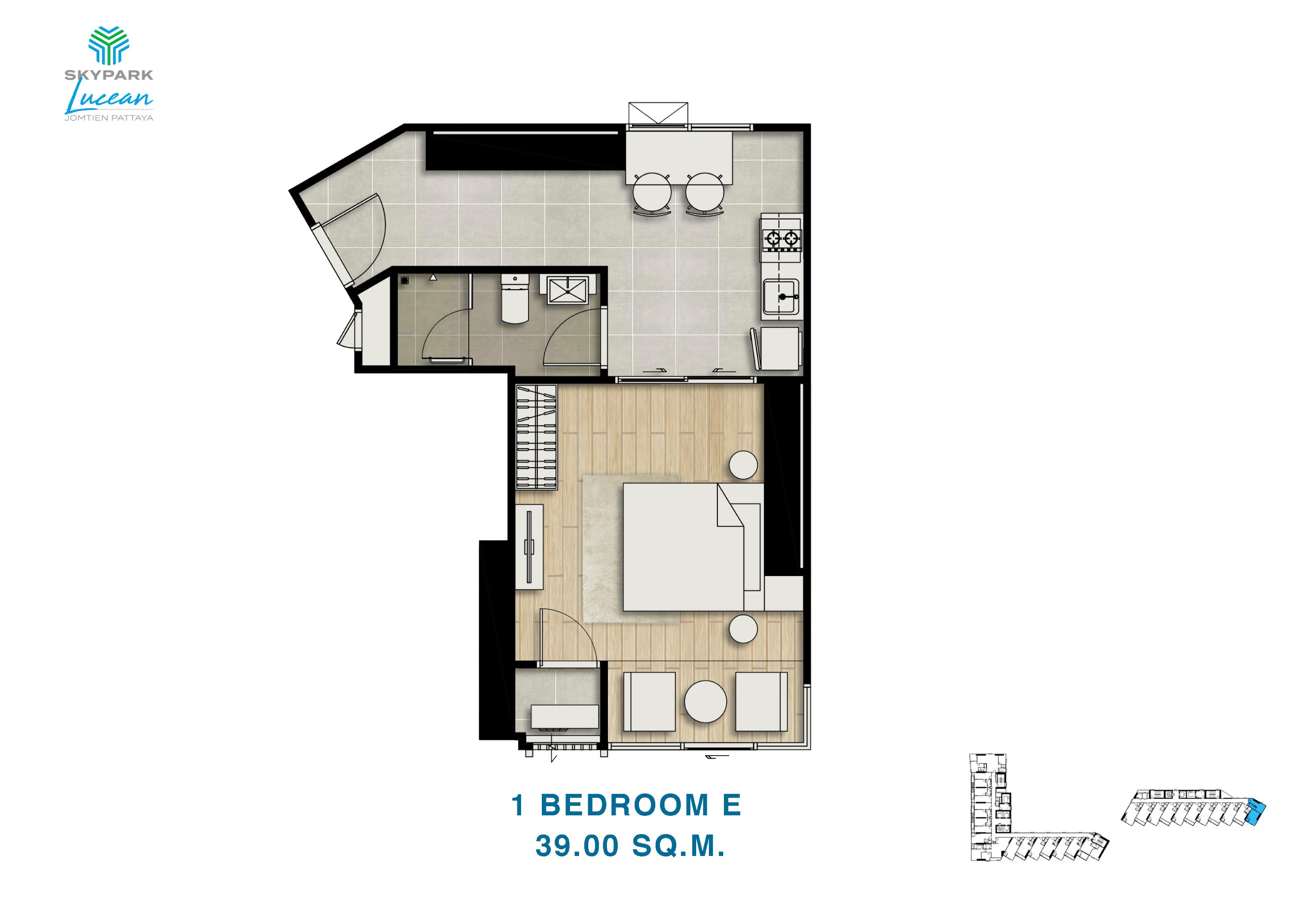 Skypark Lucean — Tower B, 1-værelses, Sidehavudsigt — Jomtien, Pattaya