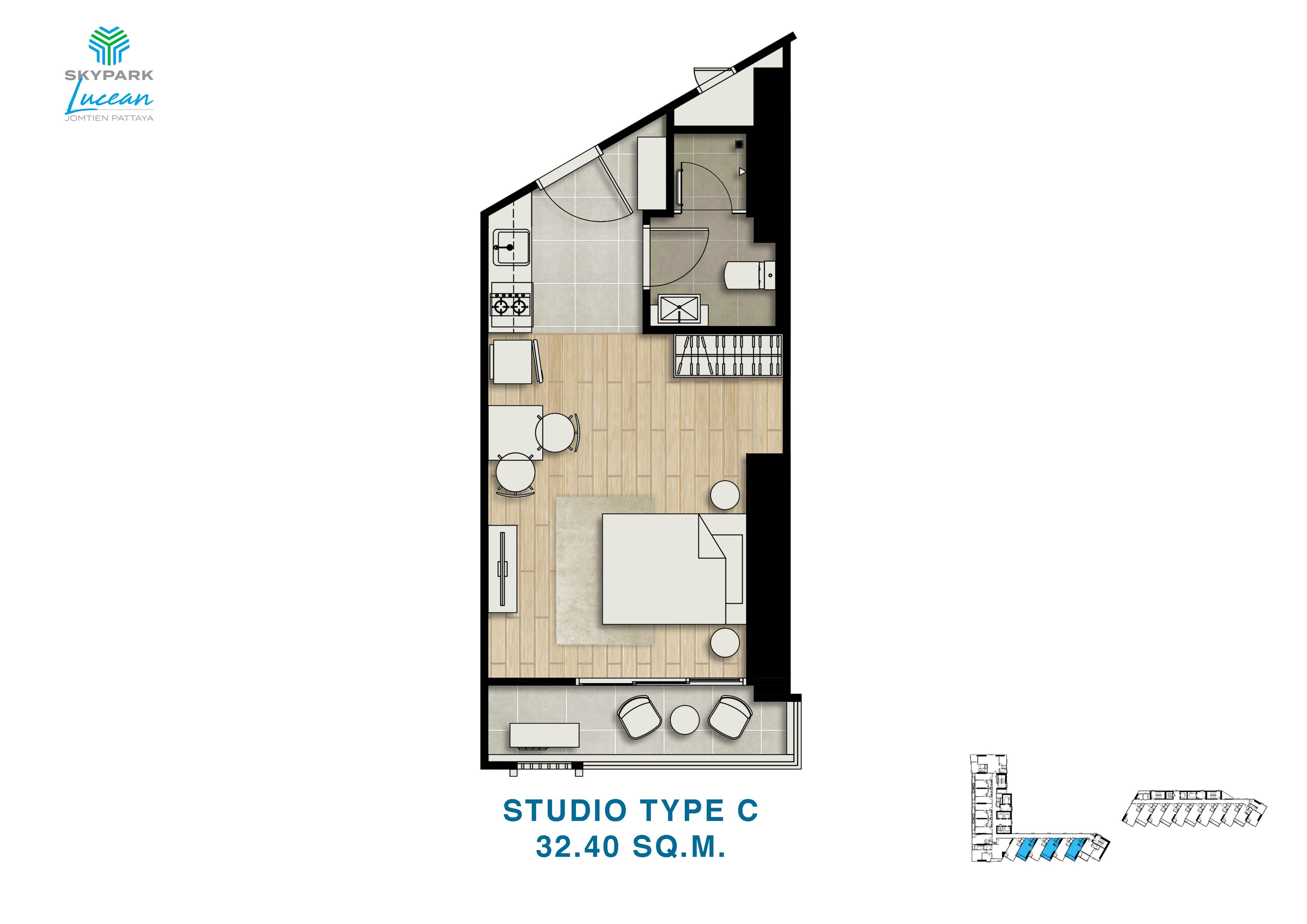 Skypark Lucean — Tower B, Studio, Sidevendt havudsigt — Jomtien, Pattaya — 3