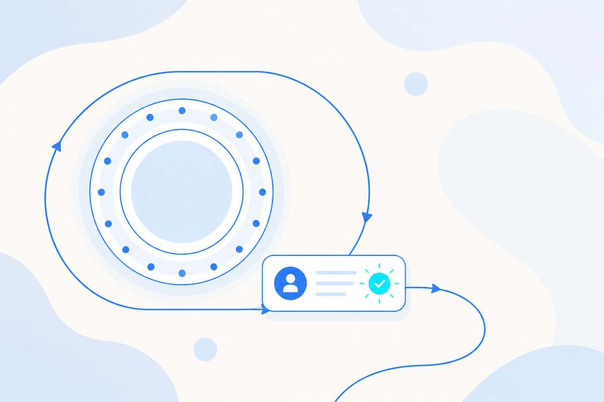 Flat vector illustration of a rhythm dial driving a looping track with one highlighted module producing output on schedule.