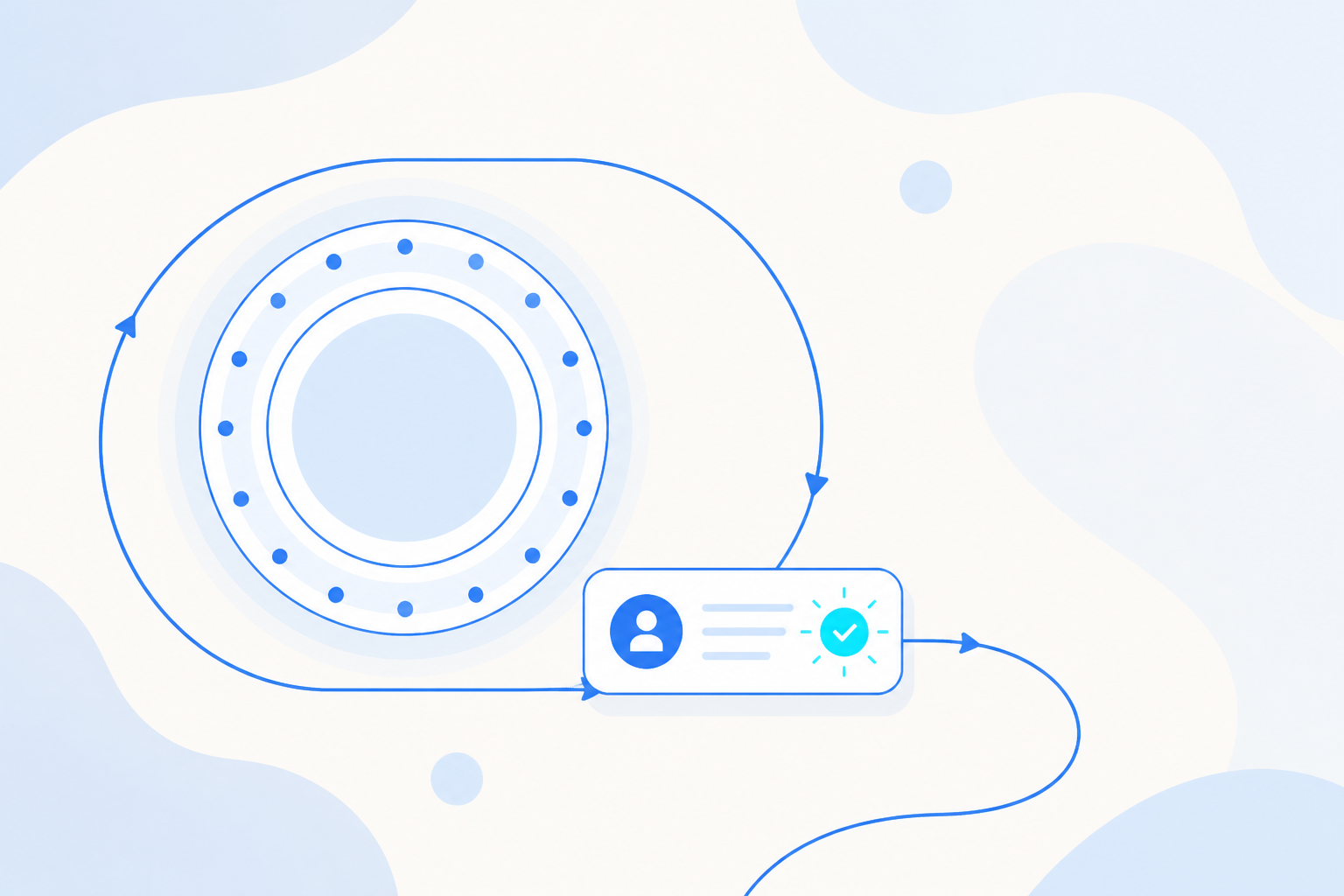 Flat vector illustration of a rhythm dial driving a looping track with one highlighted module producing output on schedule.
