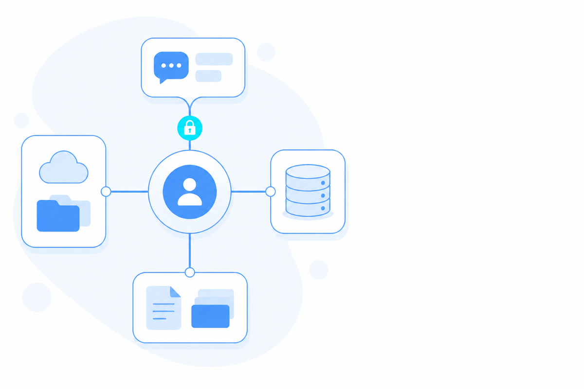 A central hub linked to chat, storage, and database blocks, with a lock marking a secure connection.