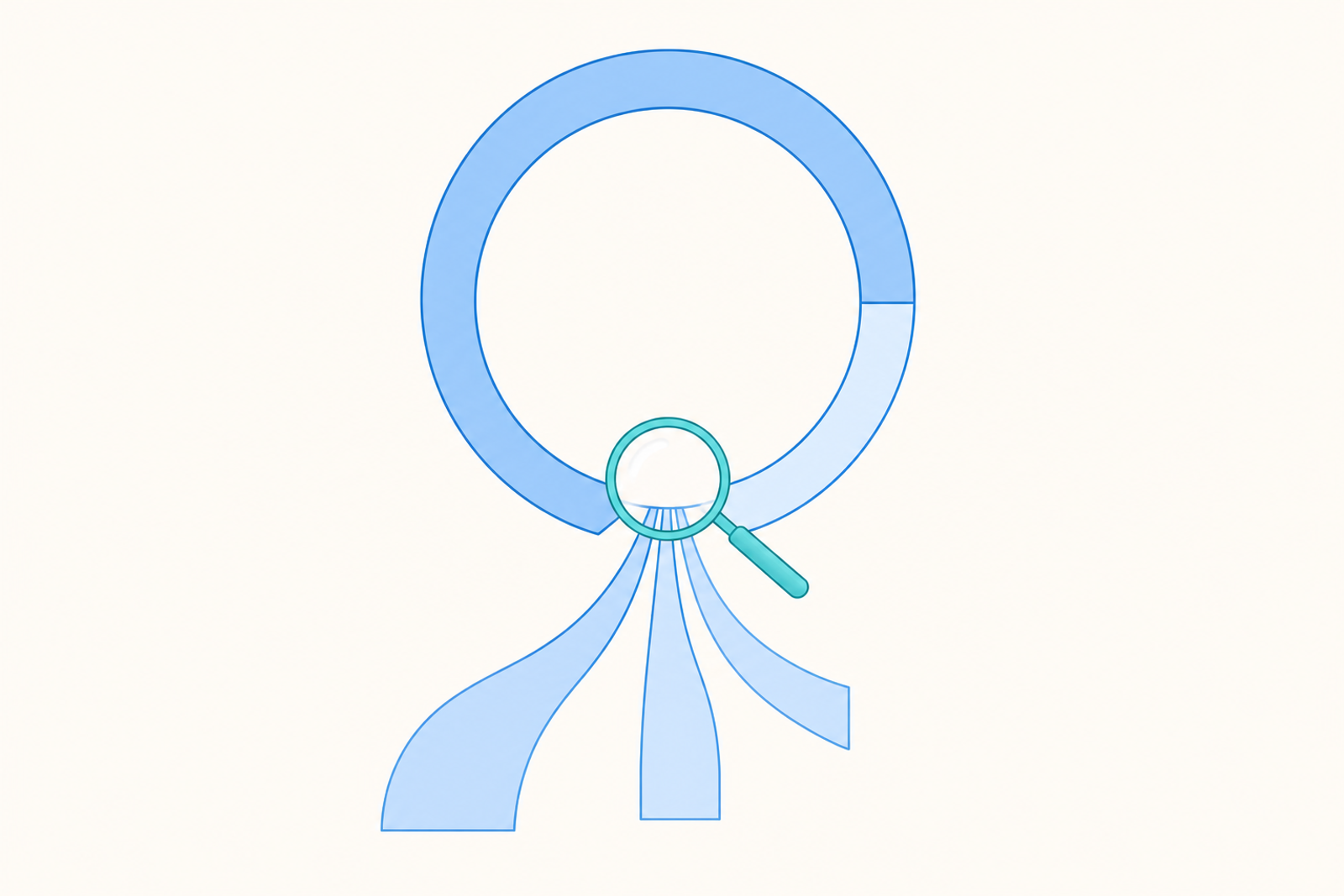 A single percentage ring separating at its base into three ribbons of different lengths, with a magnifier resting on the point where it splits