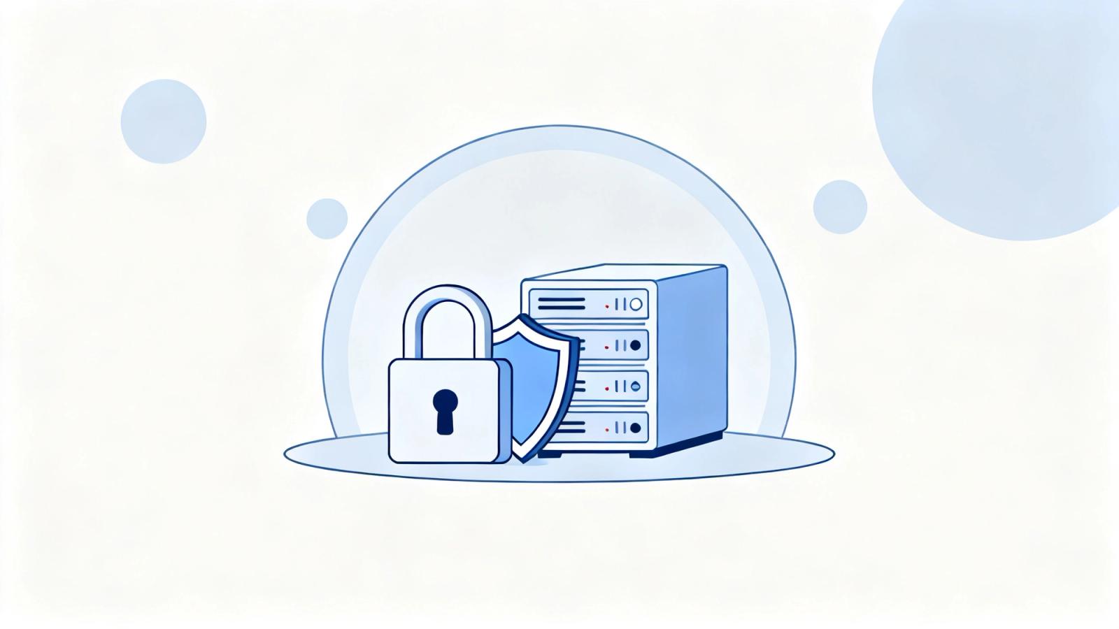 A padlock, shield and server stack inside a protective boundary, illustrating self-hosted data security and compliance.