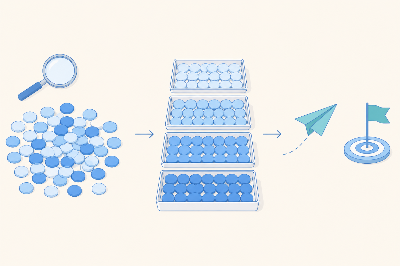 A pile of tokens sorted into four trays, a paper plane leaving one tray toward a target flag.