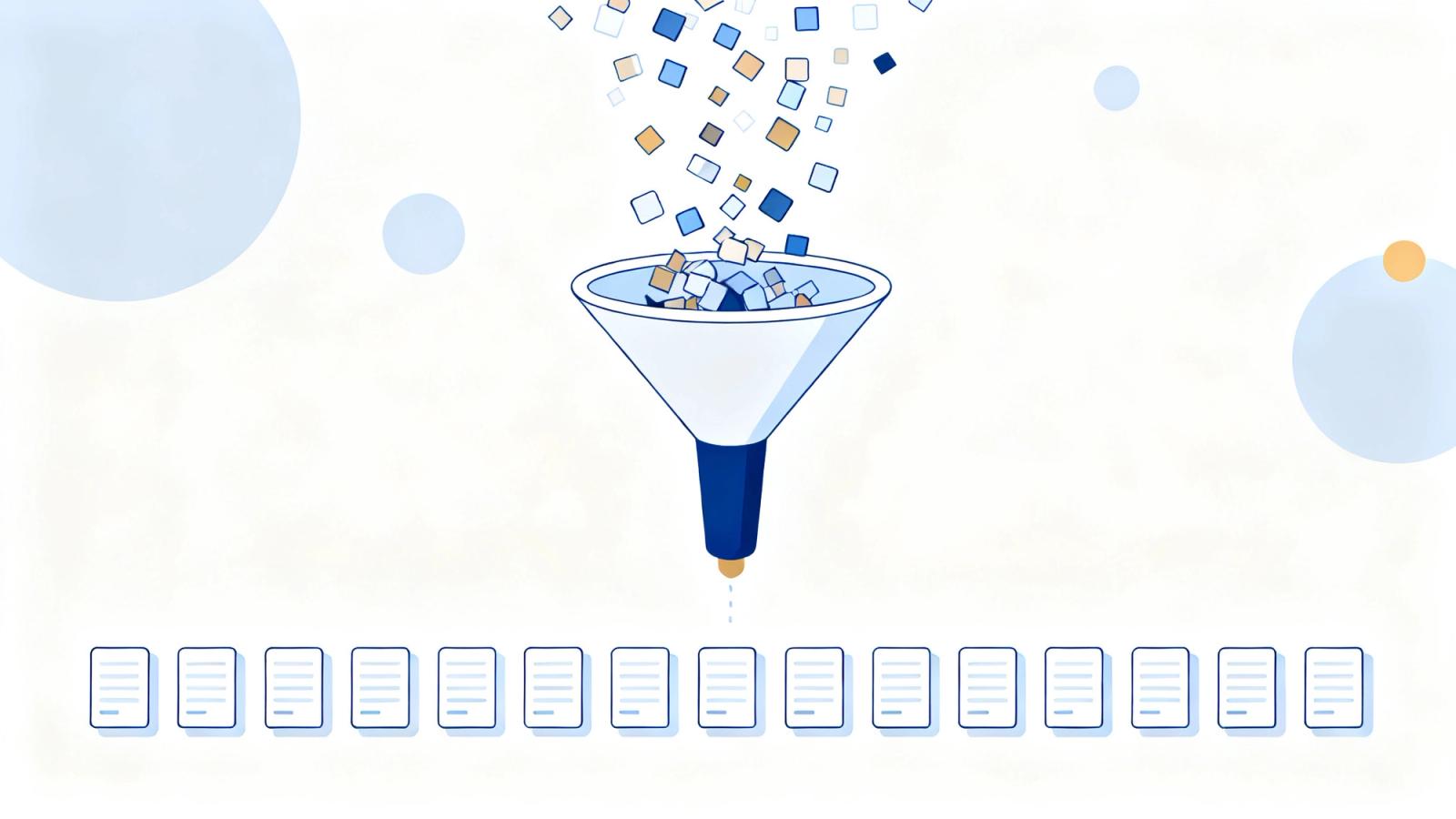 A funnel filtering messy mismatched pieces into a tidy row of uniform data blocks, illustrating turning data quantity into quality.