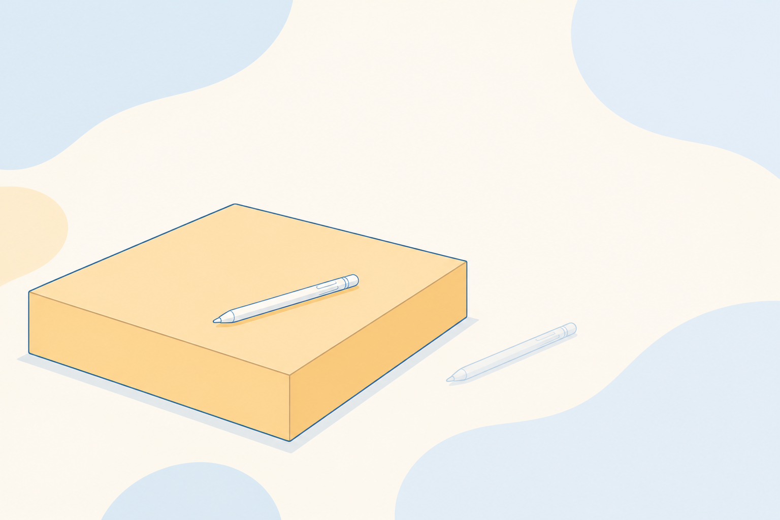 A small light pen resting on a large solid foundation block, with a faint second pen beside it, showing interchangeable hands on a fixed platform.