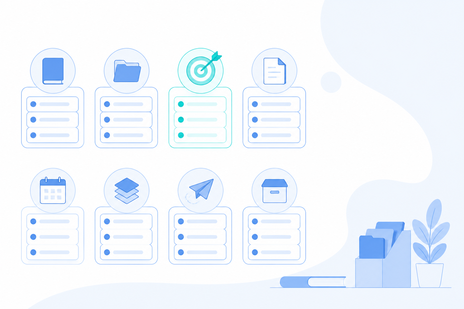 Category blocks topped with icons over small stacks of cards, forming a browsable catalog of tools and skills.