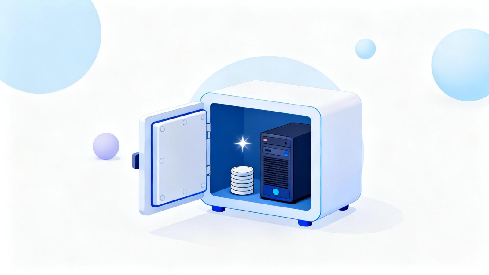 An open vault holding coins and a protected server with an AI spark, illustrating self-hosted finance AI kept private.