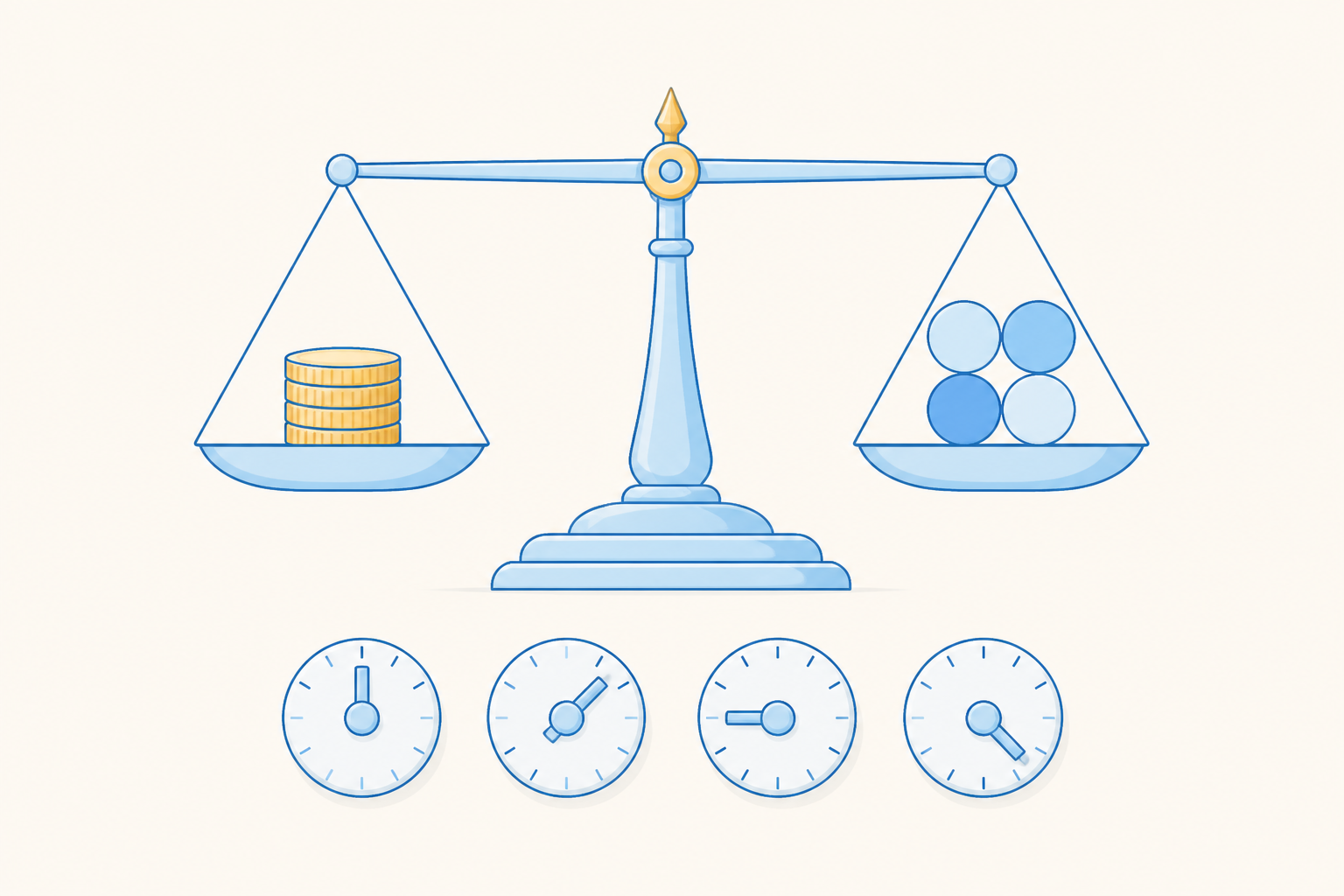 A balance scale weighing a stack of coins against four player tokens, with four small dials below.