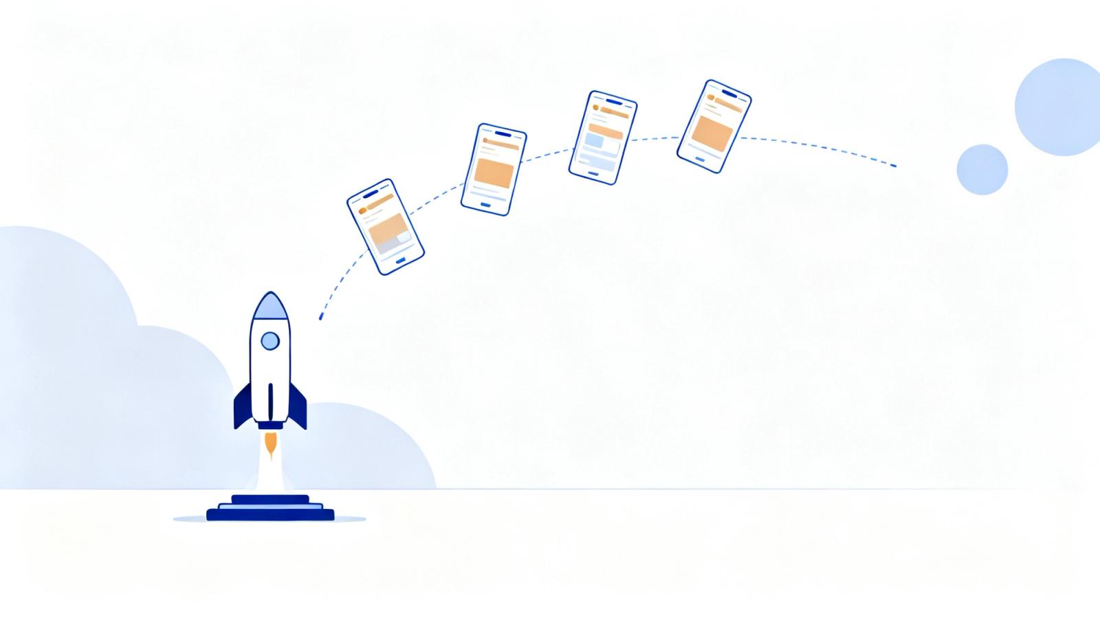 A rocket launching alongside rising app-screen cards, illustrating building and launching an app campaign fast.