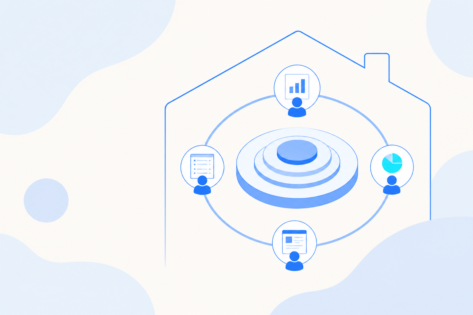 Four agents working in a closed loop around an engine core inside a company's own building