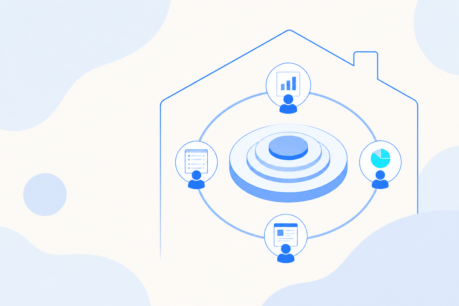 Four agents working in a closed loop around an engine core inside a company's own building