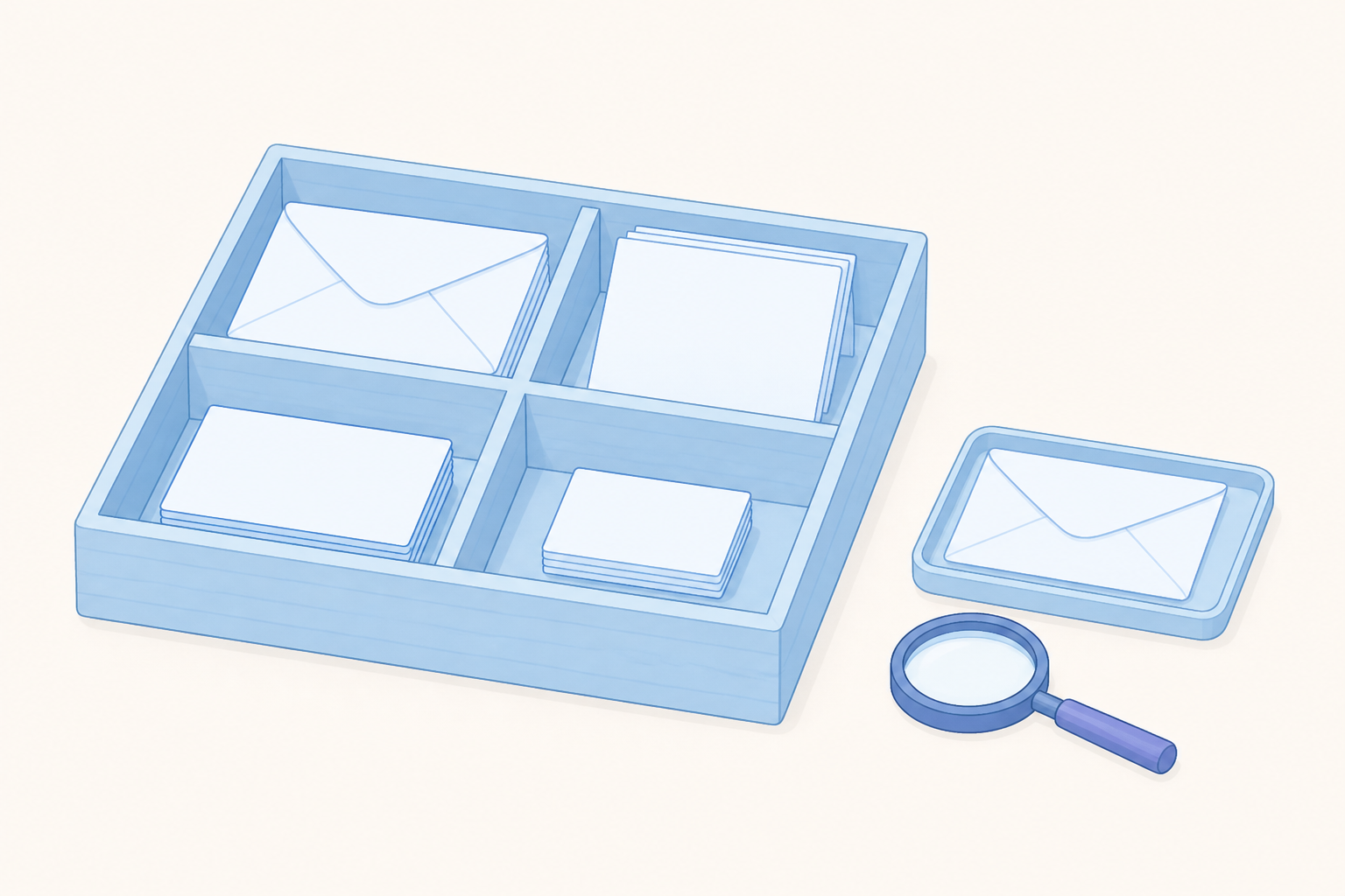A sorting tray with blank envelopes in four compartments and one envelope set aside on a small tray next to a magnifying glass
