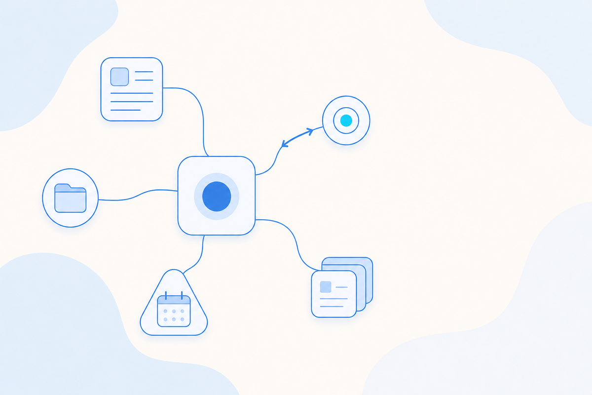 Flat vector illustration of a central Agent module reaching out with connector lines to several distinct platform and tool blocks, one line two-way.