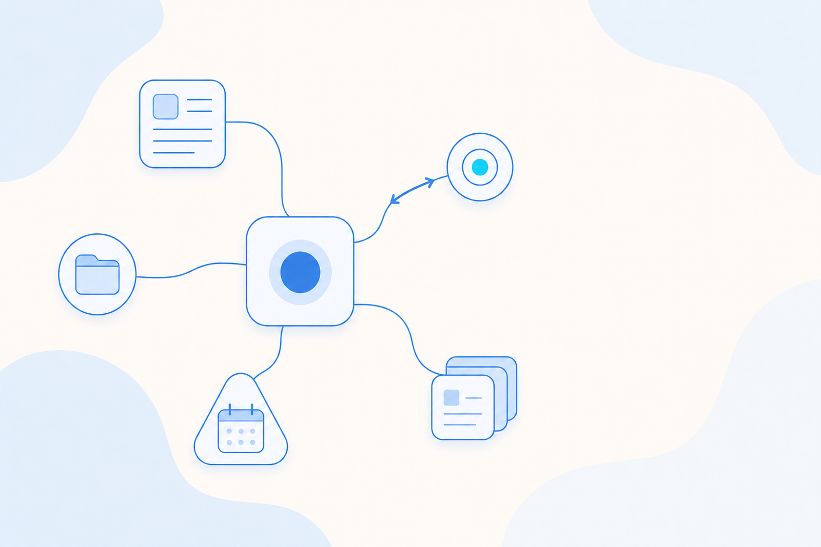 Flat vector illustration of a central Agent module reaching out with connector lines to several distinct platform and tool blocks, one line two-way.