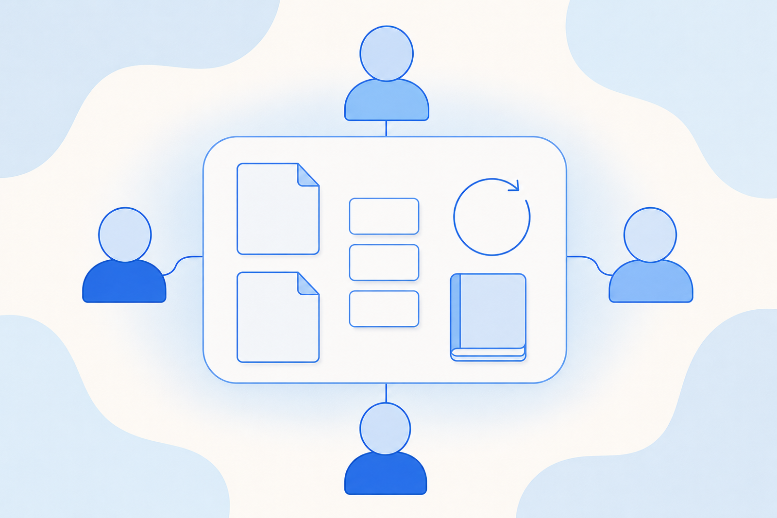 Four team members gathered around one shared workspace that holds files, task cards, a memory notebook and an automation loop