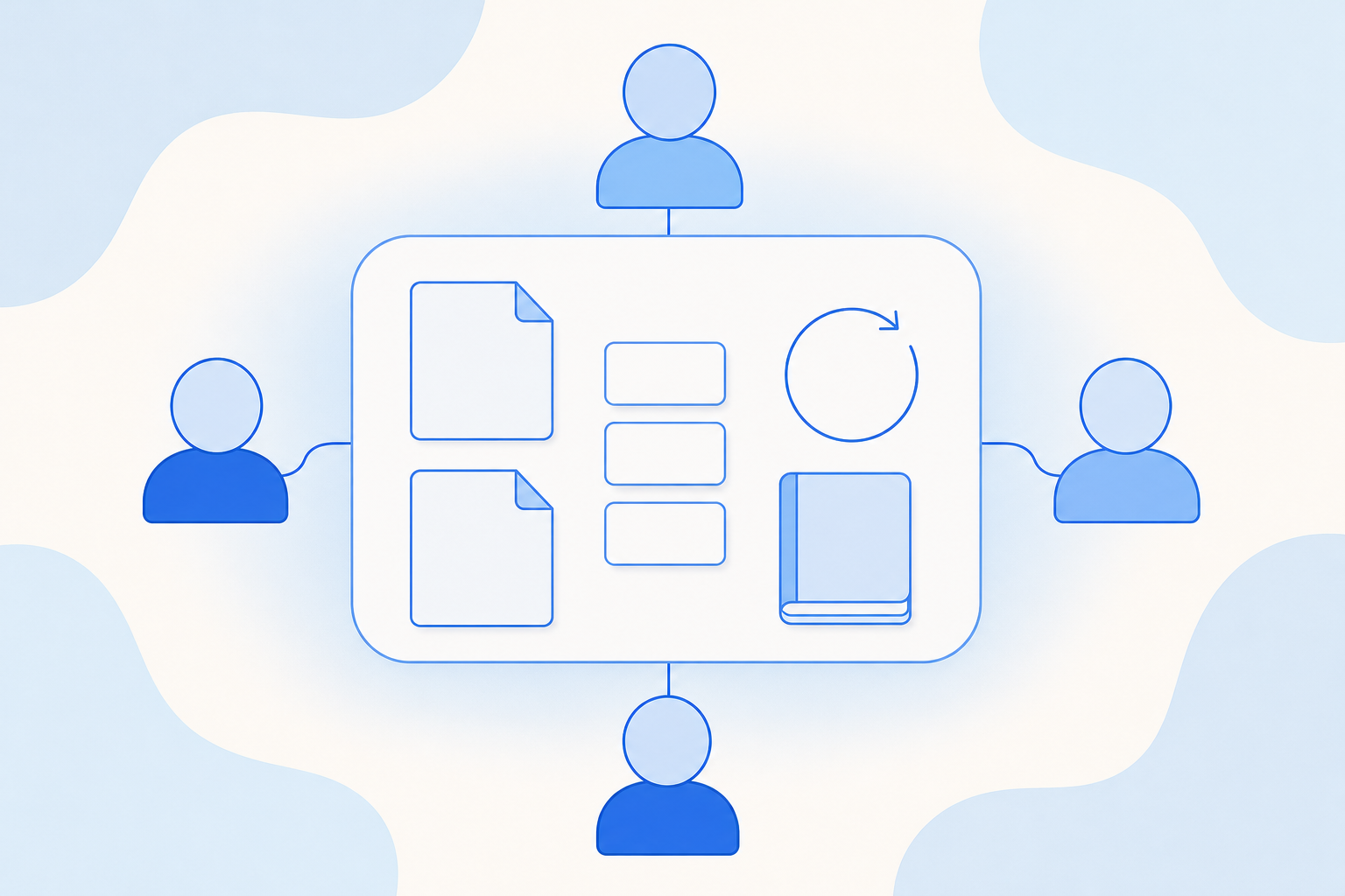 Four team members gathered around one shared workspace that holds files, task cards, a memory notebook and an automation loop