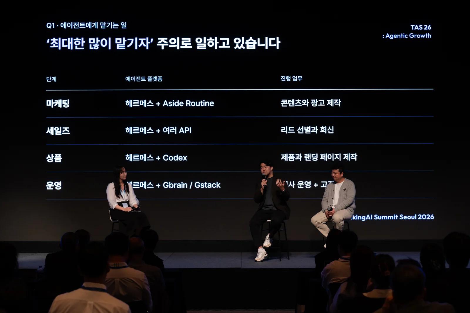 Three speakers in a seated on-stage session at ThinkingAI Summit Seoul 2026.