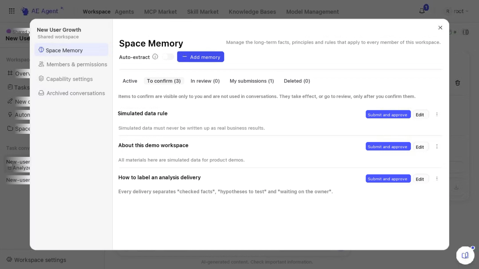 Space Memory holds the confirmed facts and rules for a workspace. Extracted items wait for confirmation or approval before they take effect.