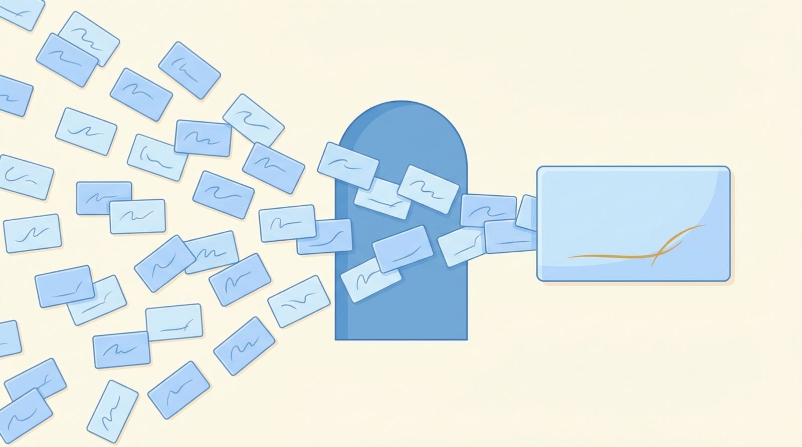 Flat illustration: many scattered duplicate report cards funneling through a gateway and consolidating into one shared table, marked in amber.