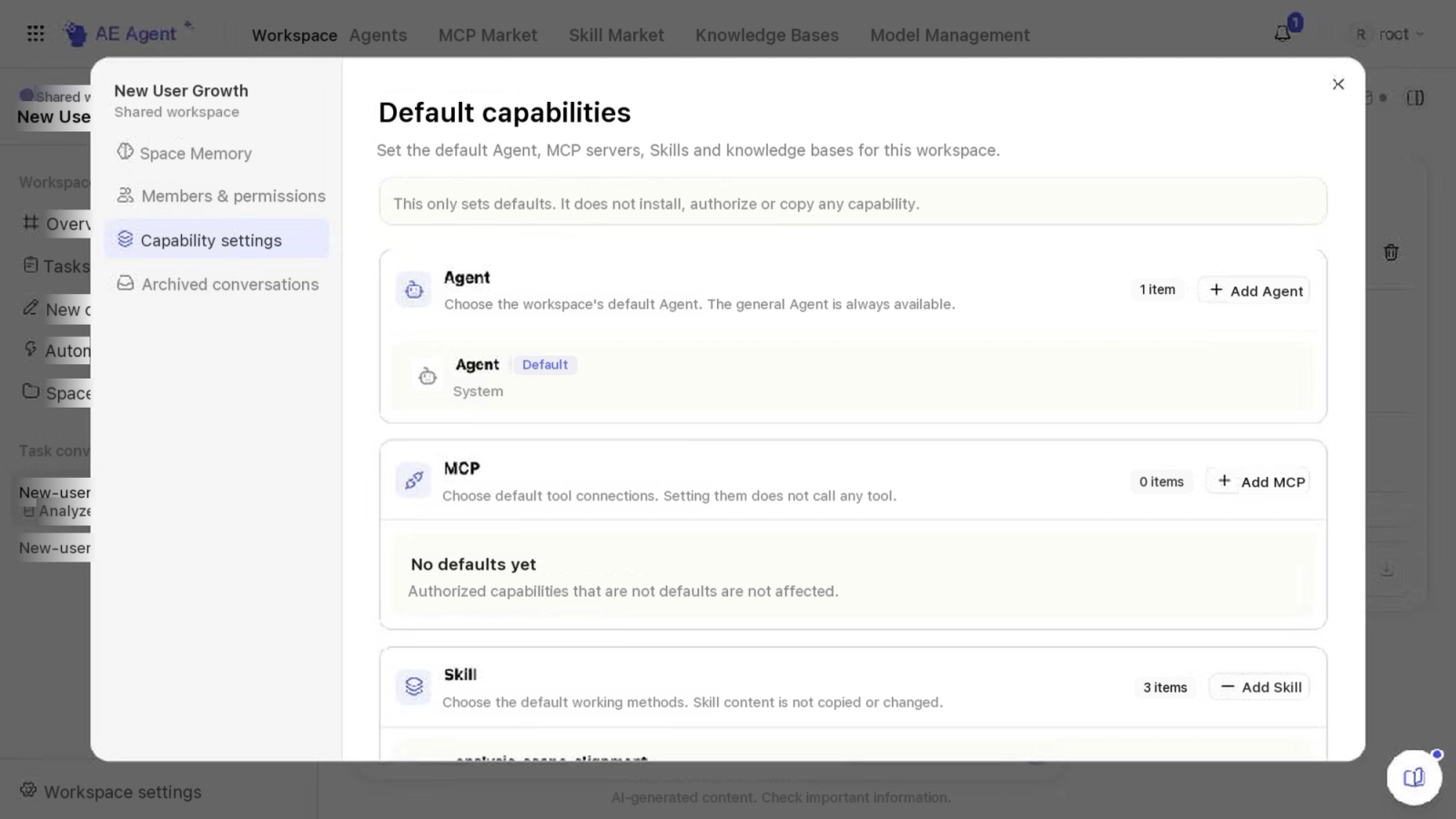Default capabilities set the Agent, MCP servers, Skills and knowledge bases a workspace starts with.