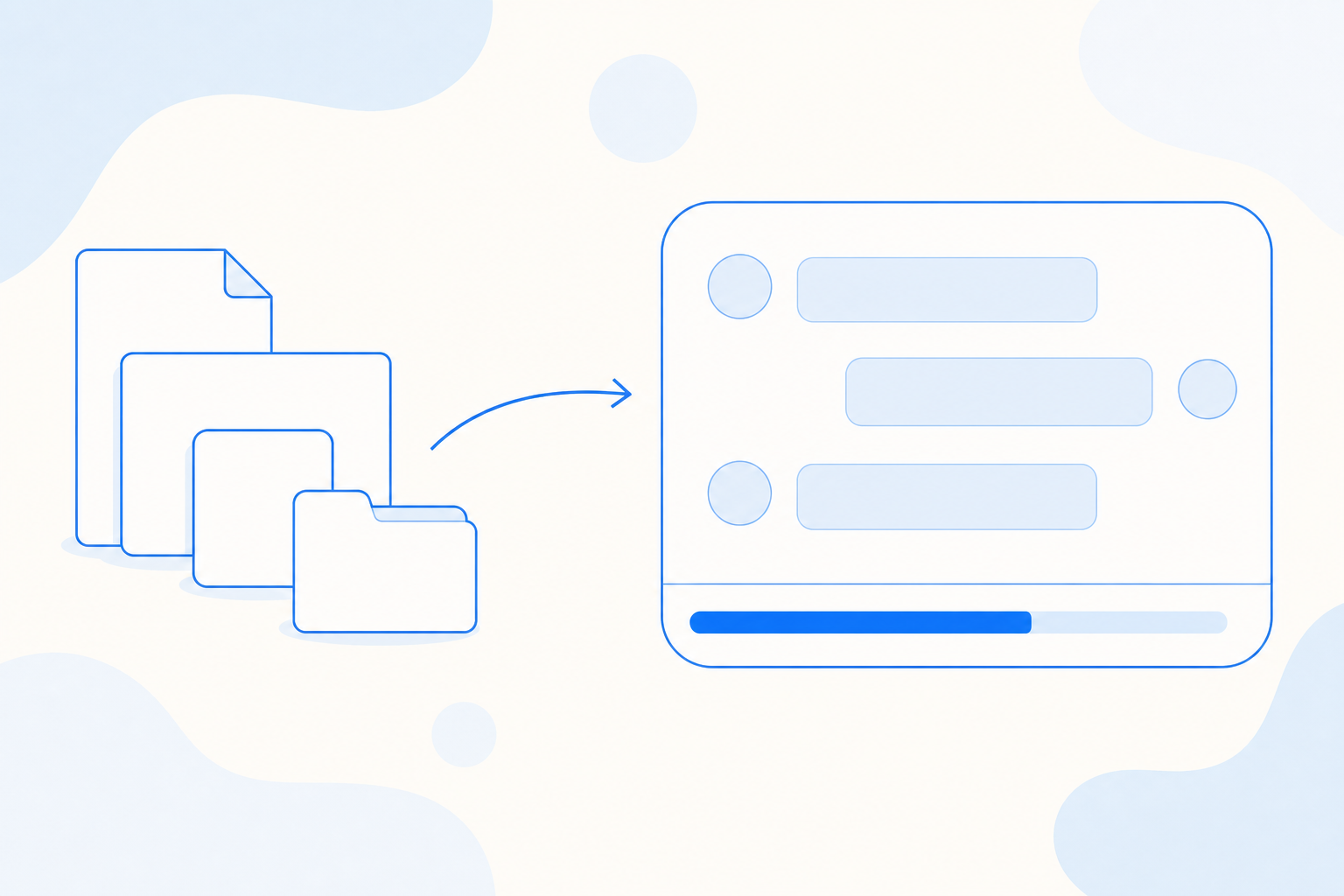 A page, a wide sheet, a square card and a folder move along an arc into an agent conversation panel, whose context usage bar at the bottom is about two-thirds full