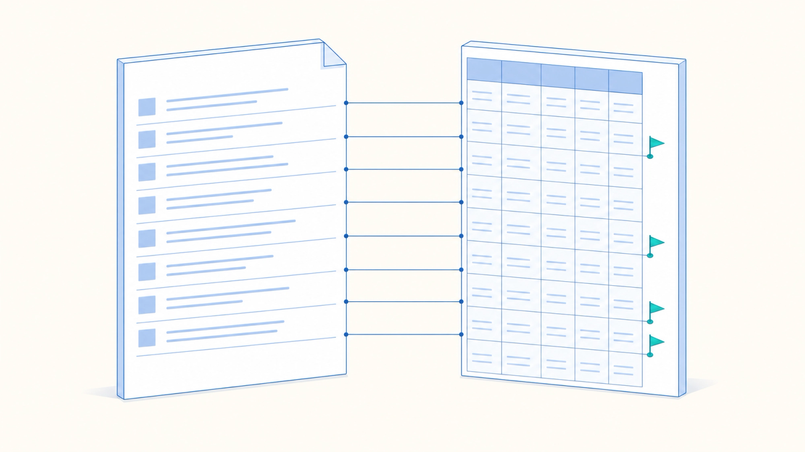 A written specification panel facing a data table, thin comparison lines running between matching rows, four lines ending in flag markers.