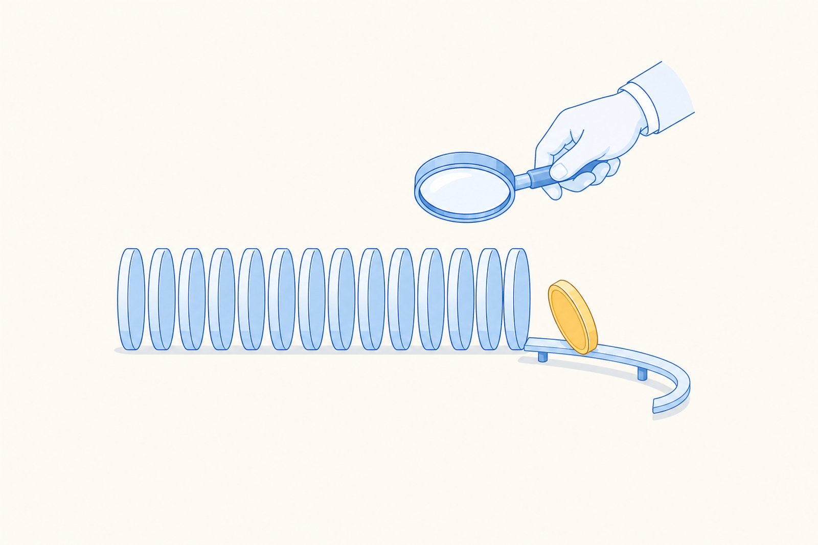 A row of coins with one slipping away, a curved rail guiding it back, and a magnifier spotting it early.