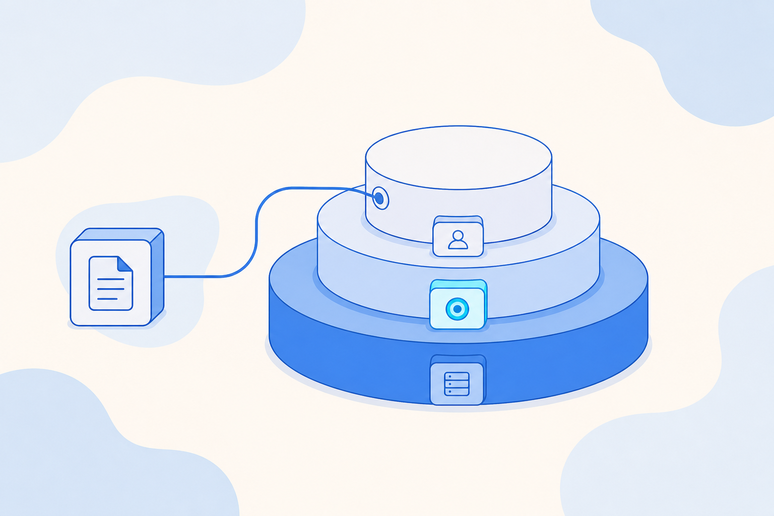Flat vector illustration of a connection hub wrapped by three tiers for system, company, and personal, with an external tool block flowing in.