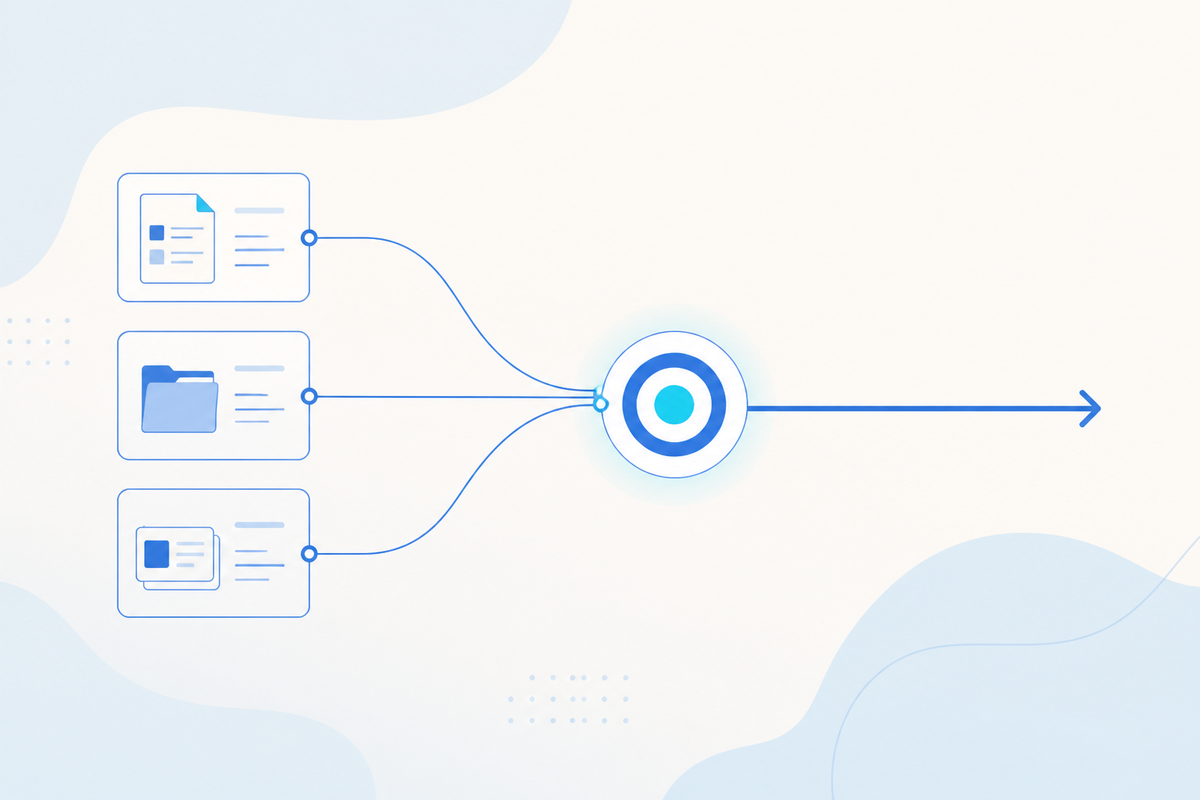 Flat vector illustration of several similar product versions running side by side, their paths converging to a single highlighted target that extends into one broad winning line.