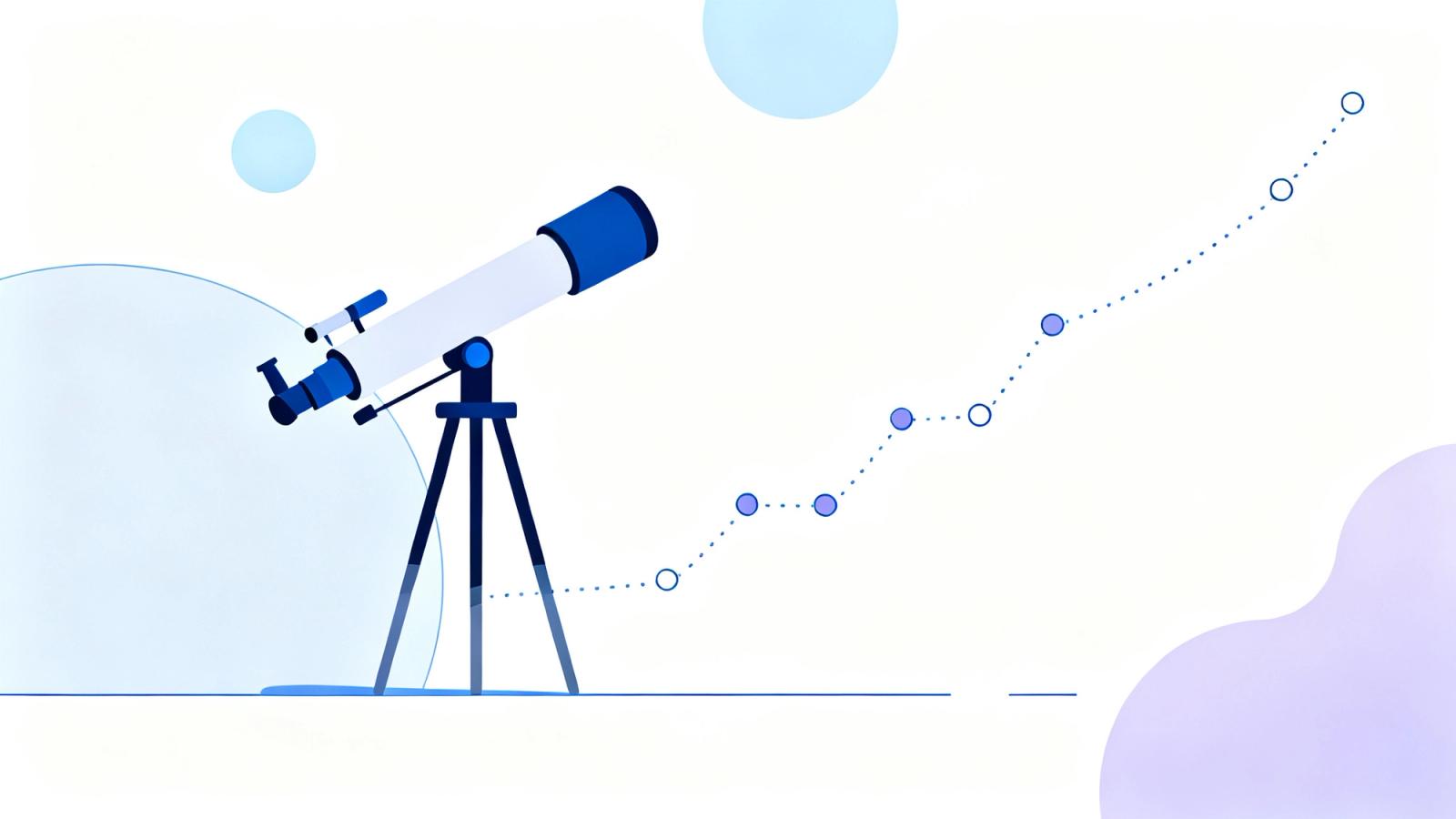 A telescope pointed at a rising dotted path of markers, illustrating AI trends shaping data intelligence in 2026.