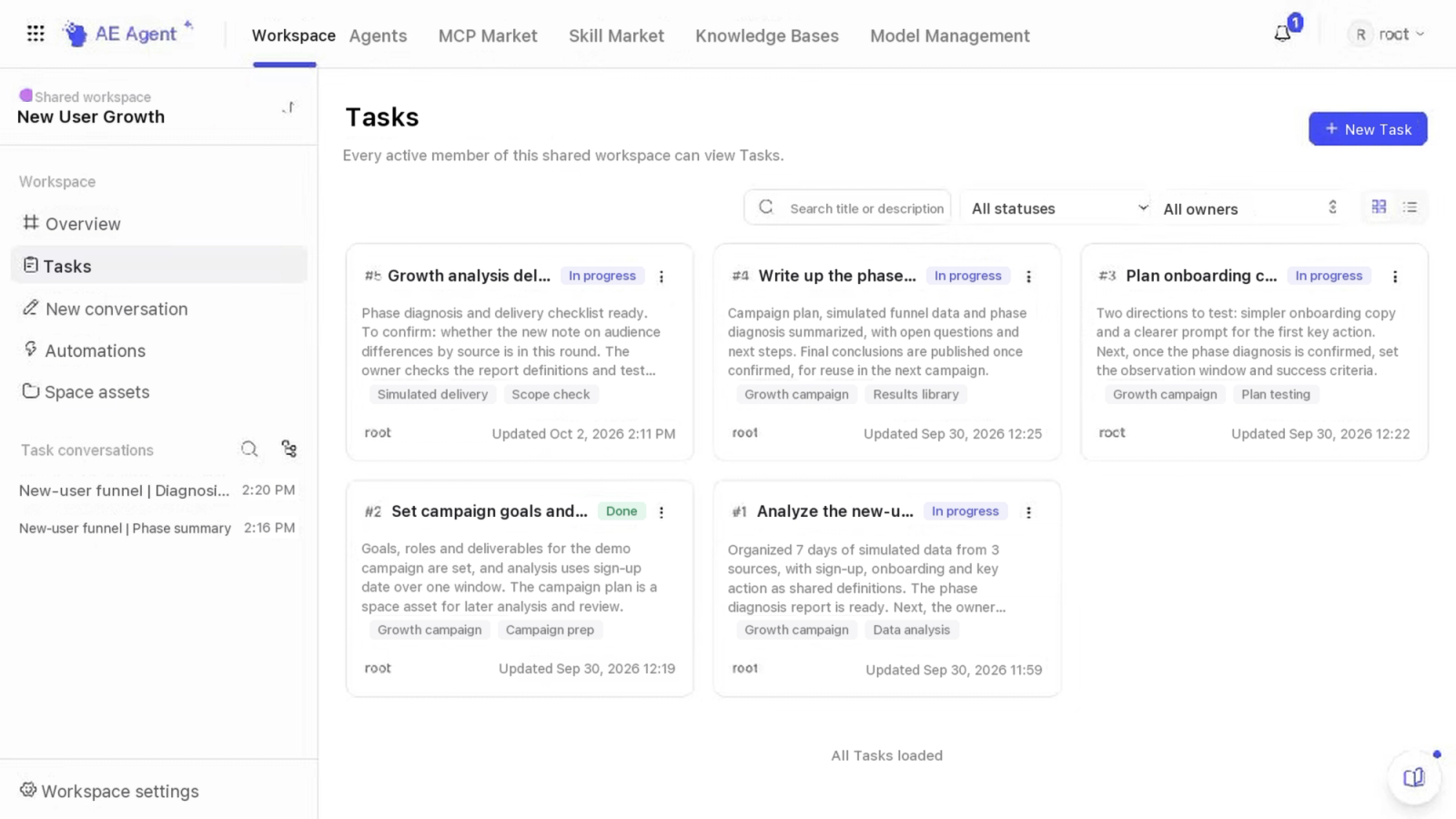 The Tasks list shows each piece of work with its status, owner and latest update.