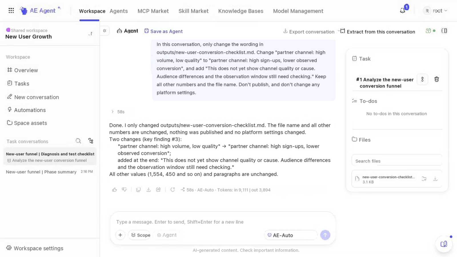 A conversation linked to a Task, with the generated report in the file panel, ready to preview and publish.