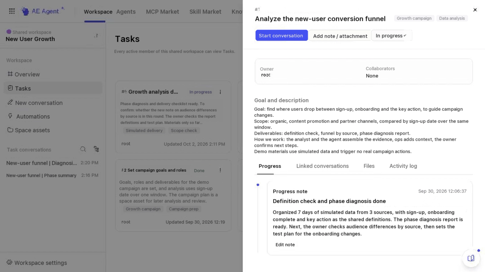 Open a Task to read its goal, progress notes and files, then start a conversation from it.