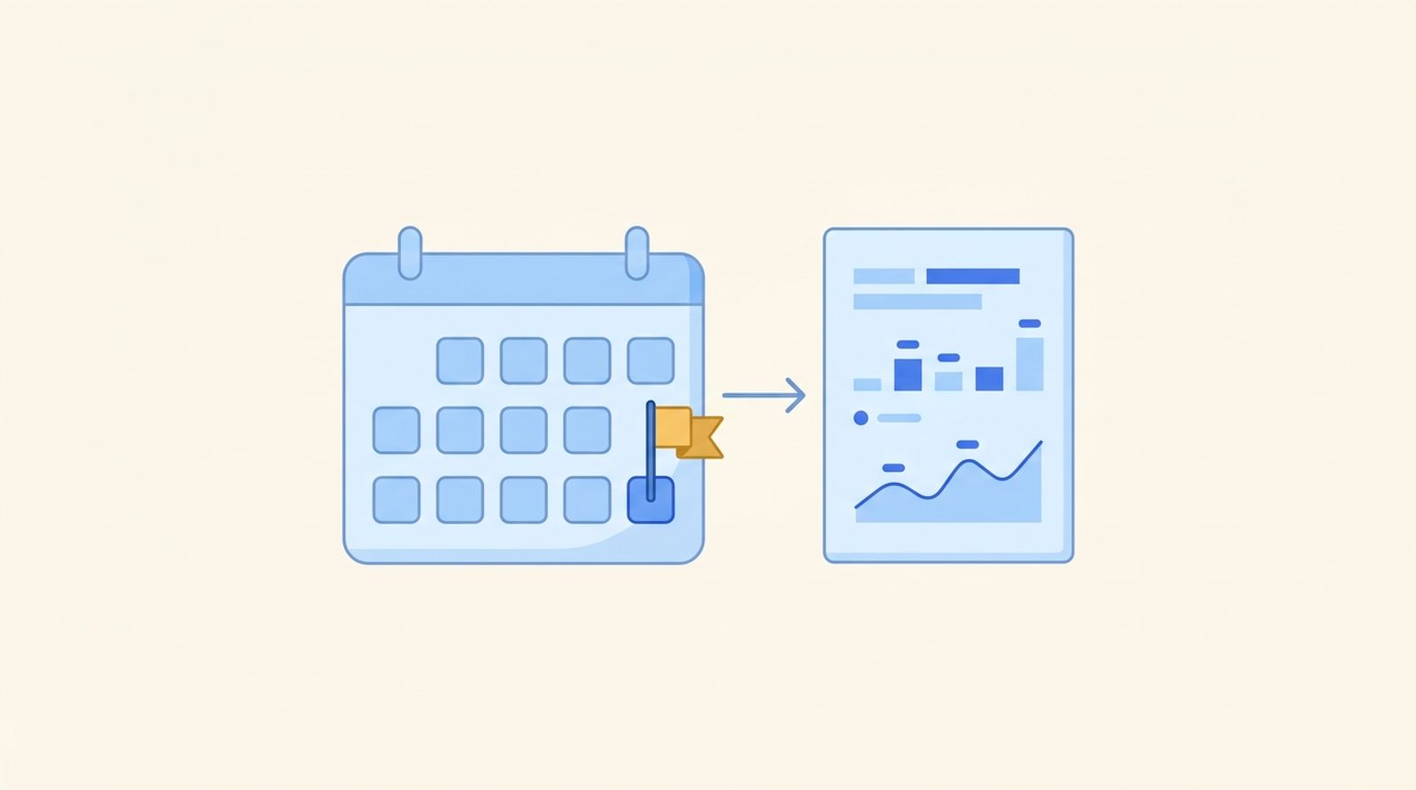Flat illustration: a campaign calendar with its final day flagged in amber, and a finished report sheet sitting immediately beside it.