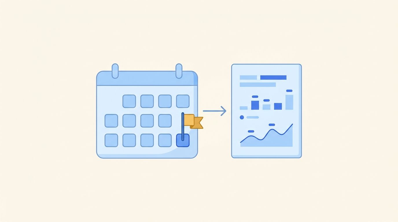 Flat illustration: a campaign calendar with its final day flagged in amber, and a finished report sheet sitting immediately beside it.