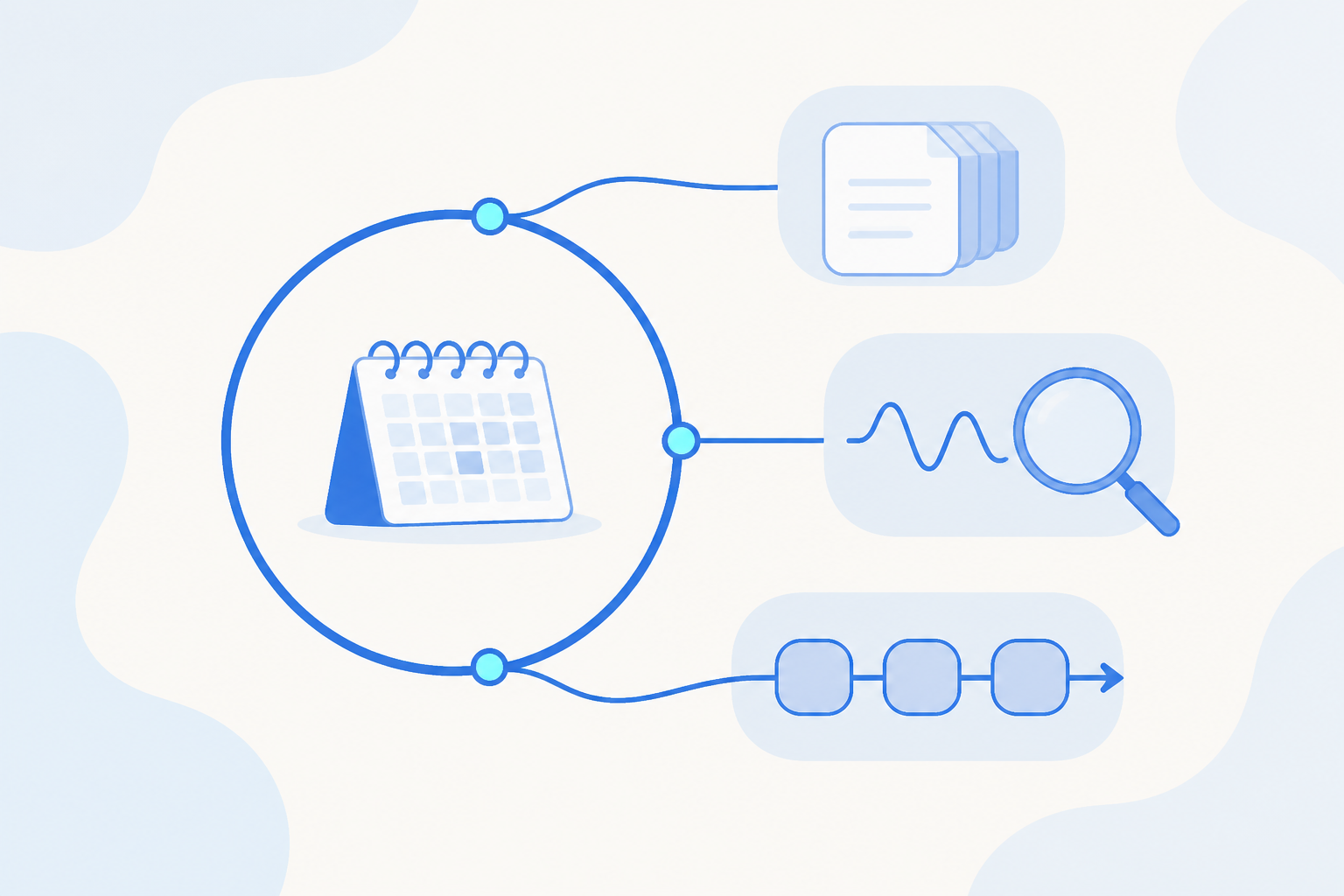 Flat vector illustration of one schedule loop feeding a report, an inspection check, and a pipeline back into the same track.